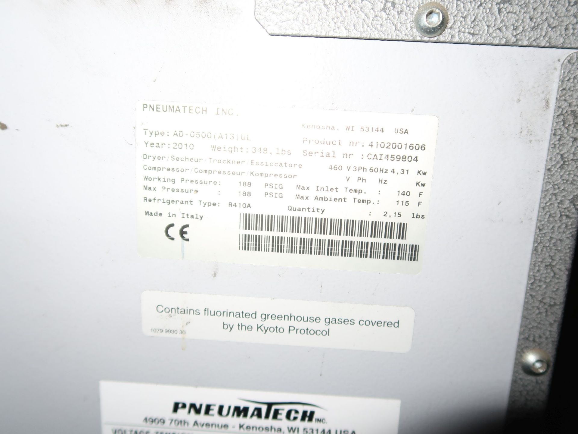 PNEUMATECH MODEL AD-0500(A13)UL COMPRESSED AIR DRYER; S/N CAI459804 (NEW 2010) - Image 3 of 4