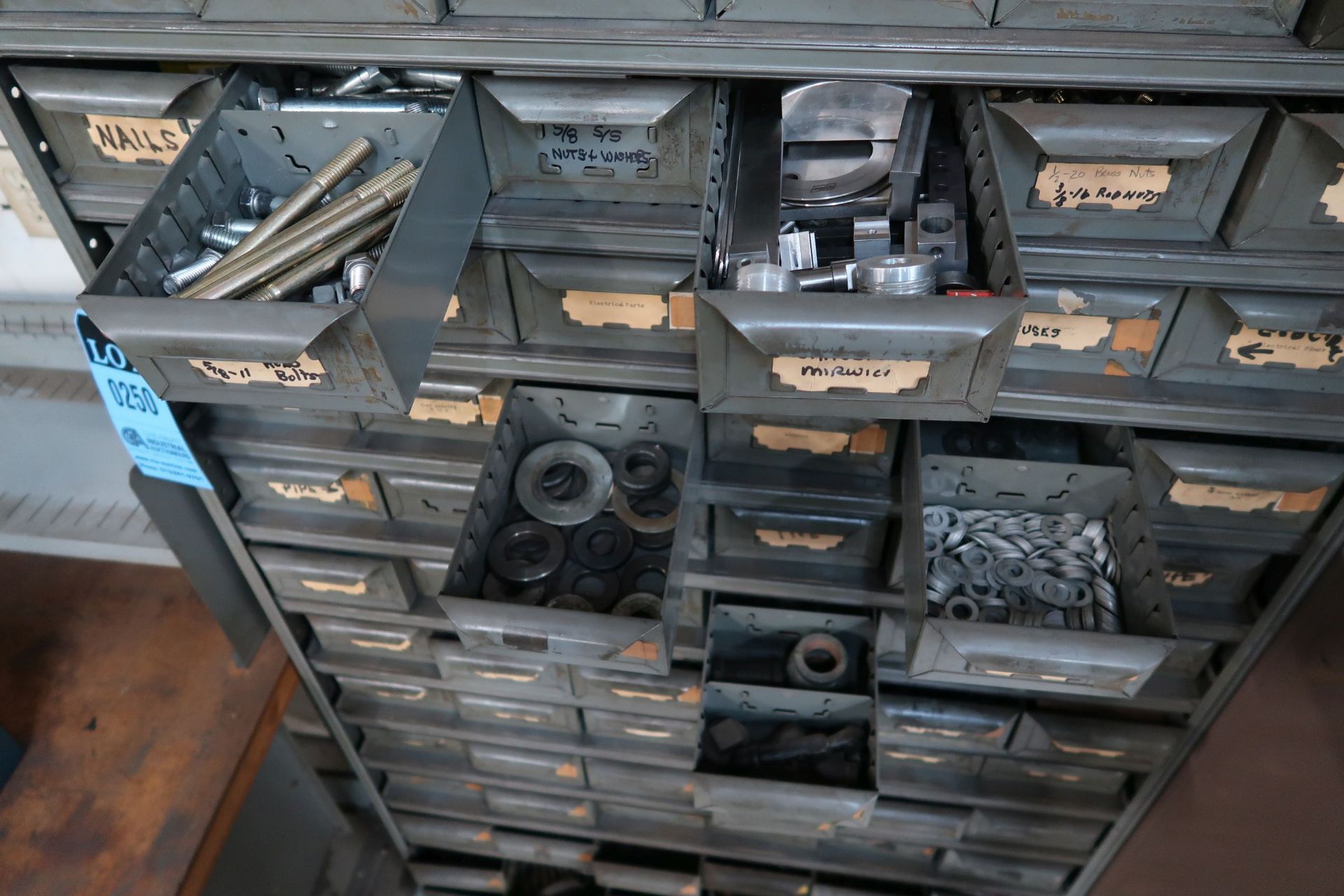 90-DRAWER HARDWARE RACK WITH MISCELLANEOUS NUTS, WASHERS, BOLTS, ELECTRICAL PARTS, O-RINGS, EYE - Image 3 of 3