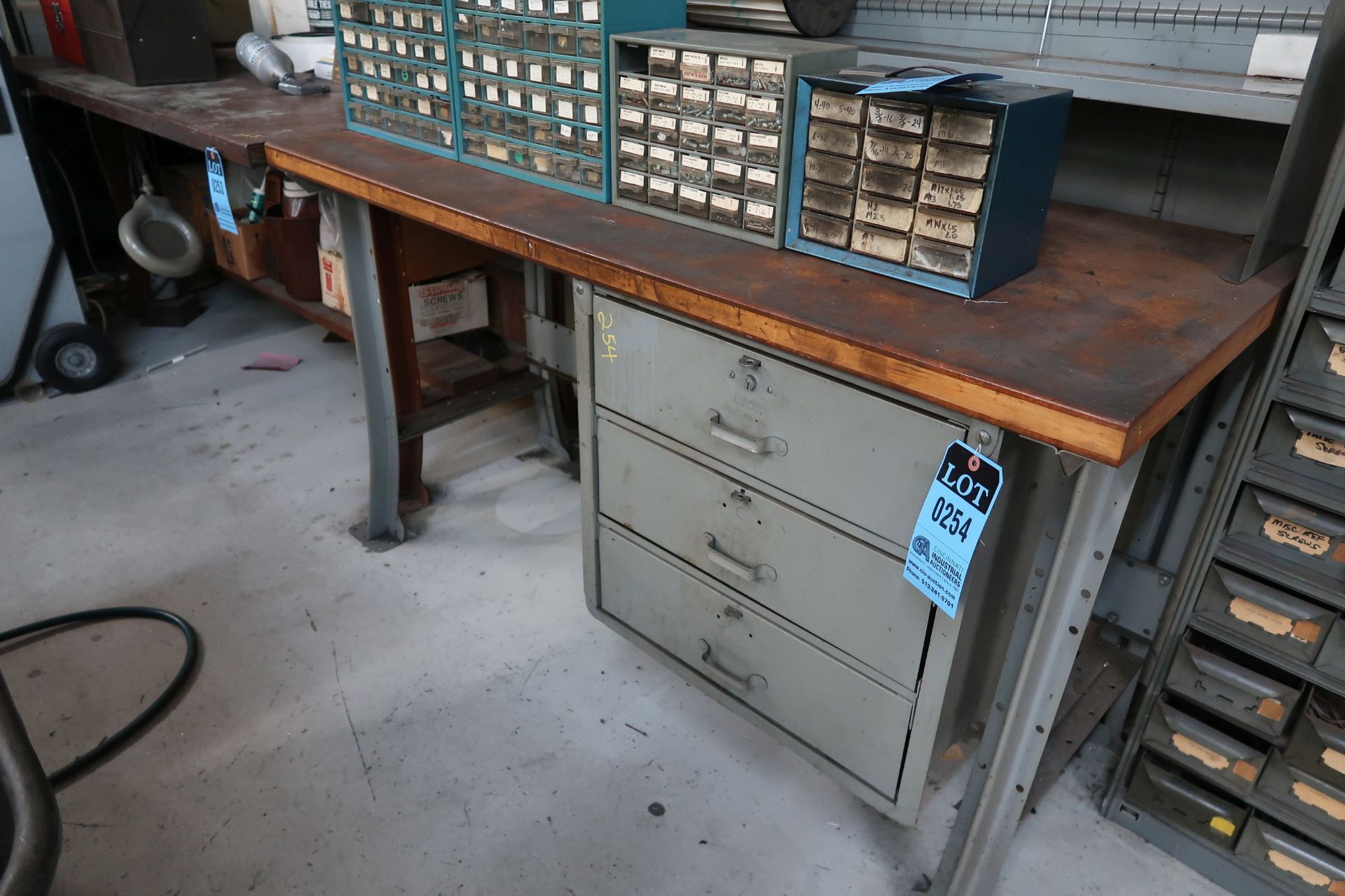 27-1/2" X 60" X 34" HIGH STEEL FRAME MAPLE TOP BENCH WITH (3) DRAWERS