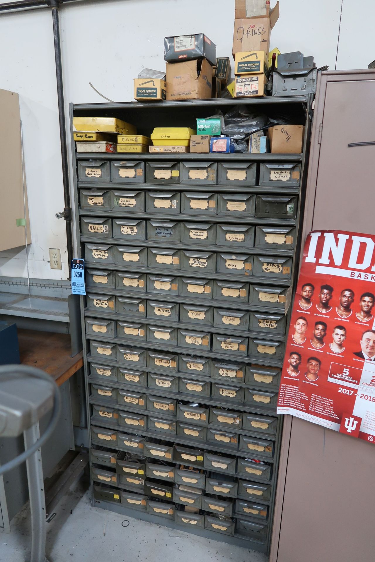 90-DRAWER HARDWARE RACK WITH MISCELLANEOUS NUTS, WASHERS, BOLTS, ELECTRICAL PARTS, O-RINGS, EYE