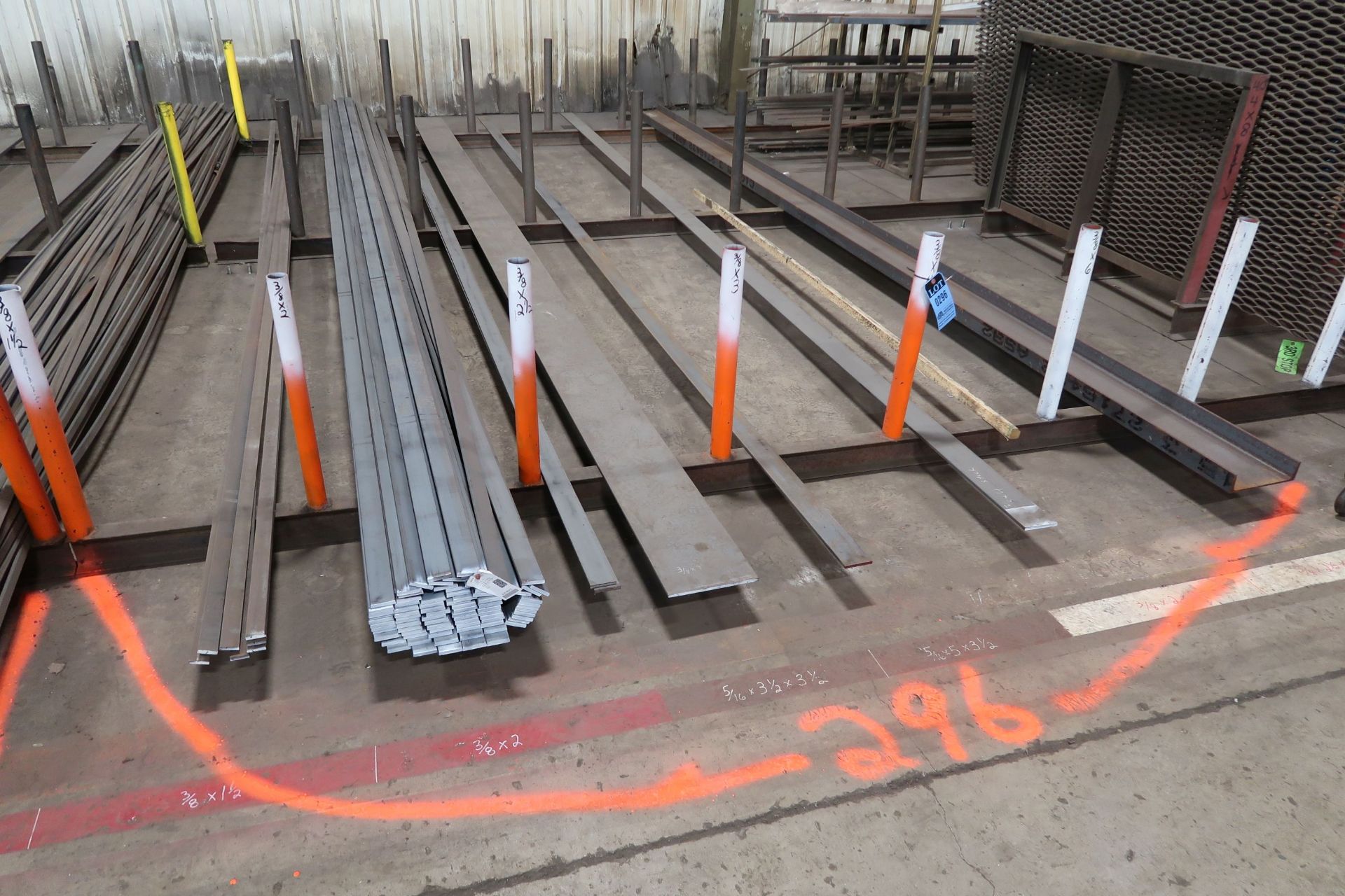 (LOT) (150) 20' LONG PIECES APPROX. MISCELLANEOUS FLAT STOCK WITH RACK, 3/8" X 1/2" 3/8" X 2", 5/16"