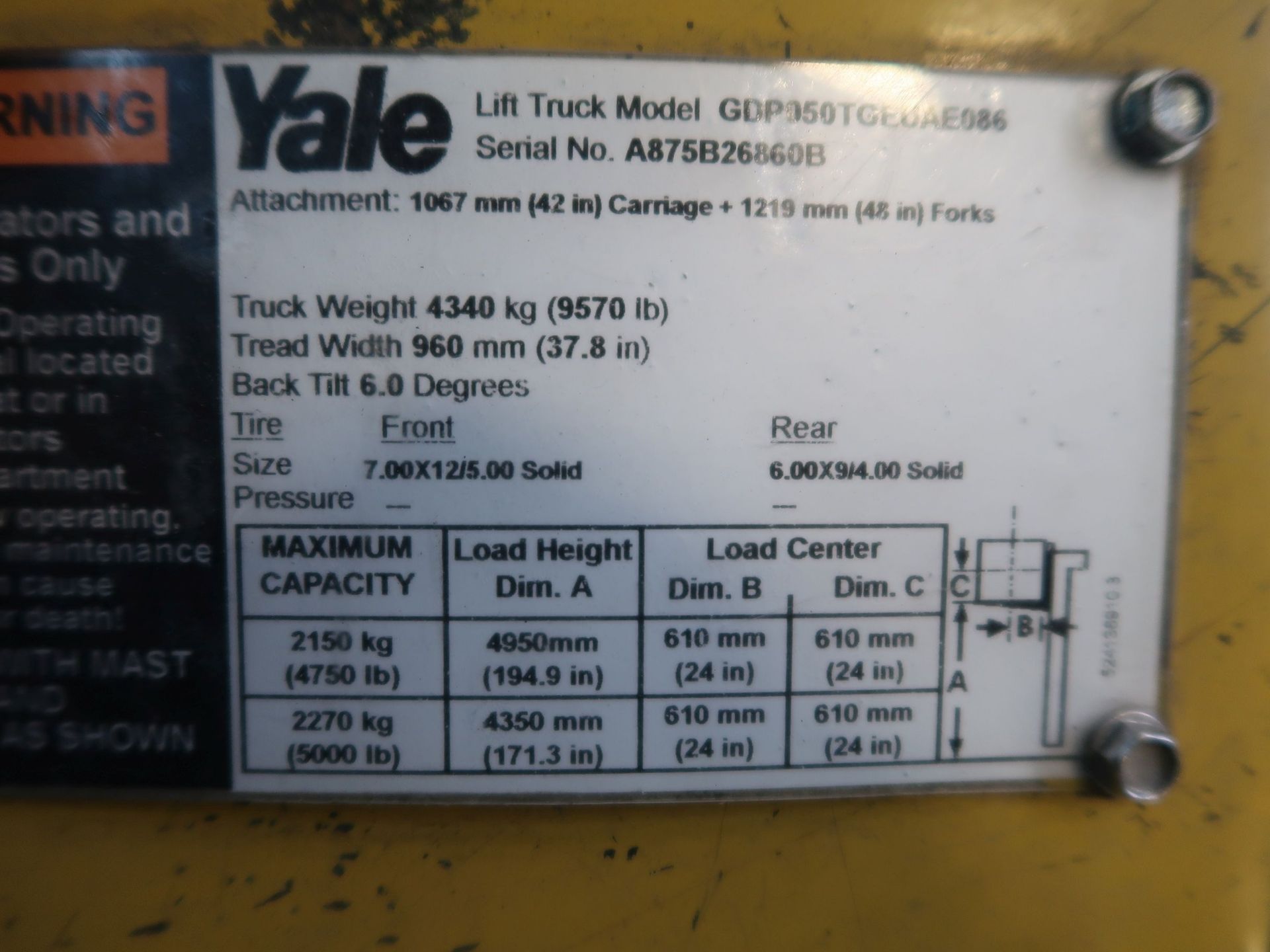 5,000 LB. YALE MODEL GLP050 SOLID PNEUMATIC TIRE DIESEL LIFT TRUCK; S/N A875B26860B, 171" 3-STAGE - Image 10 of 11