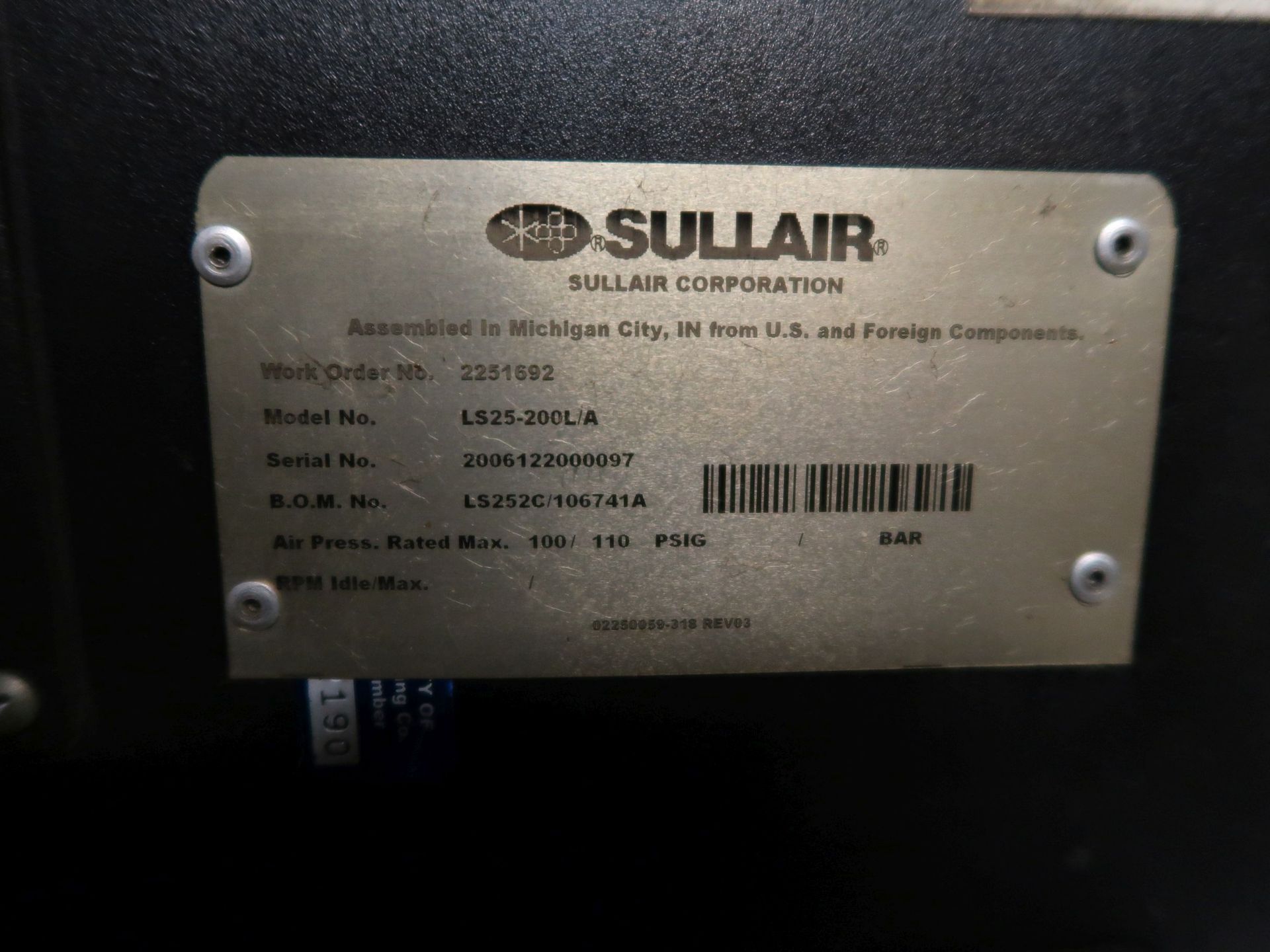 200 HP SULLAIR MODEL LS25-200LA ROTARY SCREW SKID MOUNTED AIR COMPRESSOR; S/N 2006122600097, NEEDS - Image 5 of 5