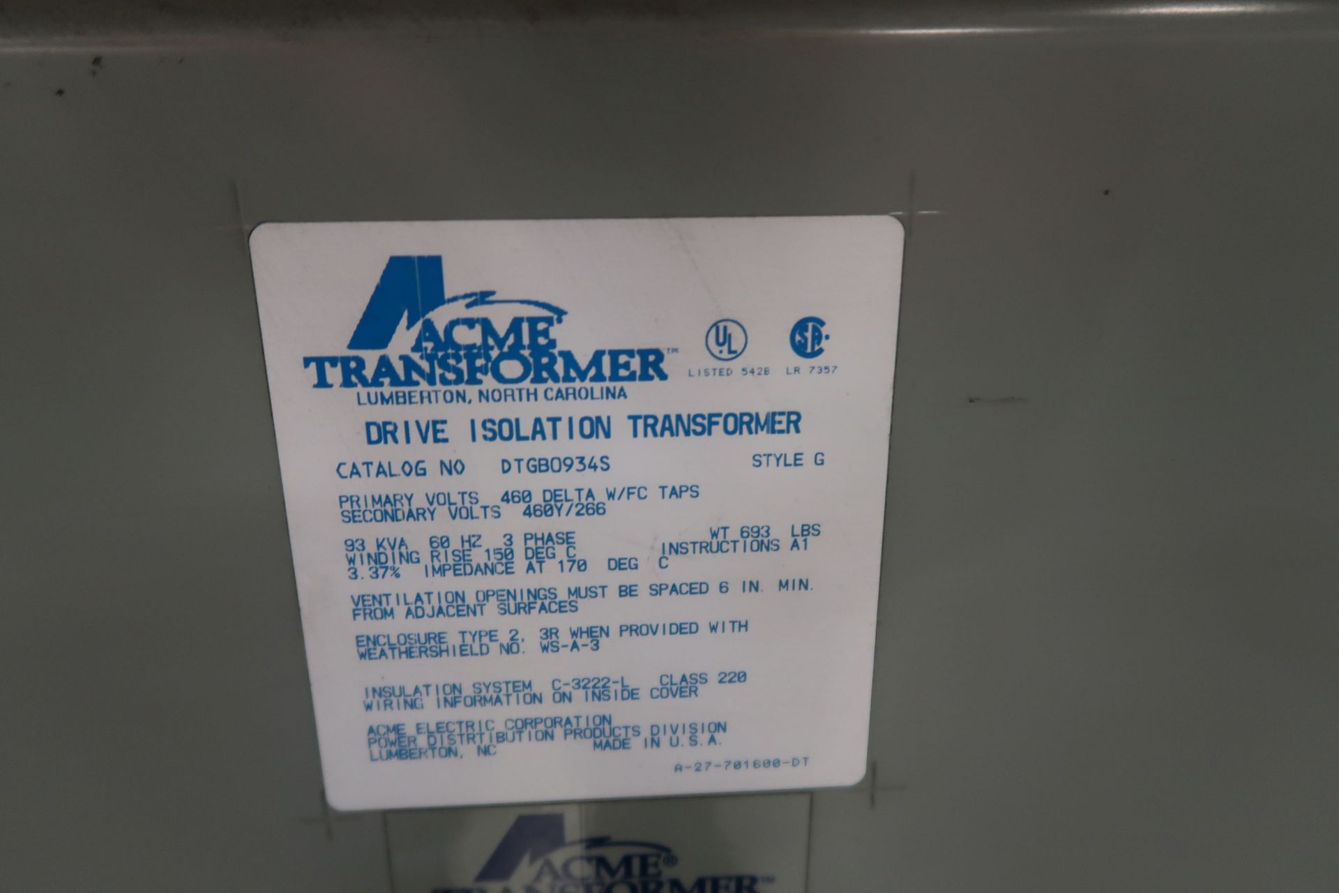 93 KVA ACME CAT NO. DTGB0934S DRIVE ISOLATION TRANSFORMER - Image 2 of 2