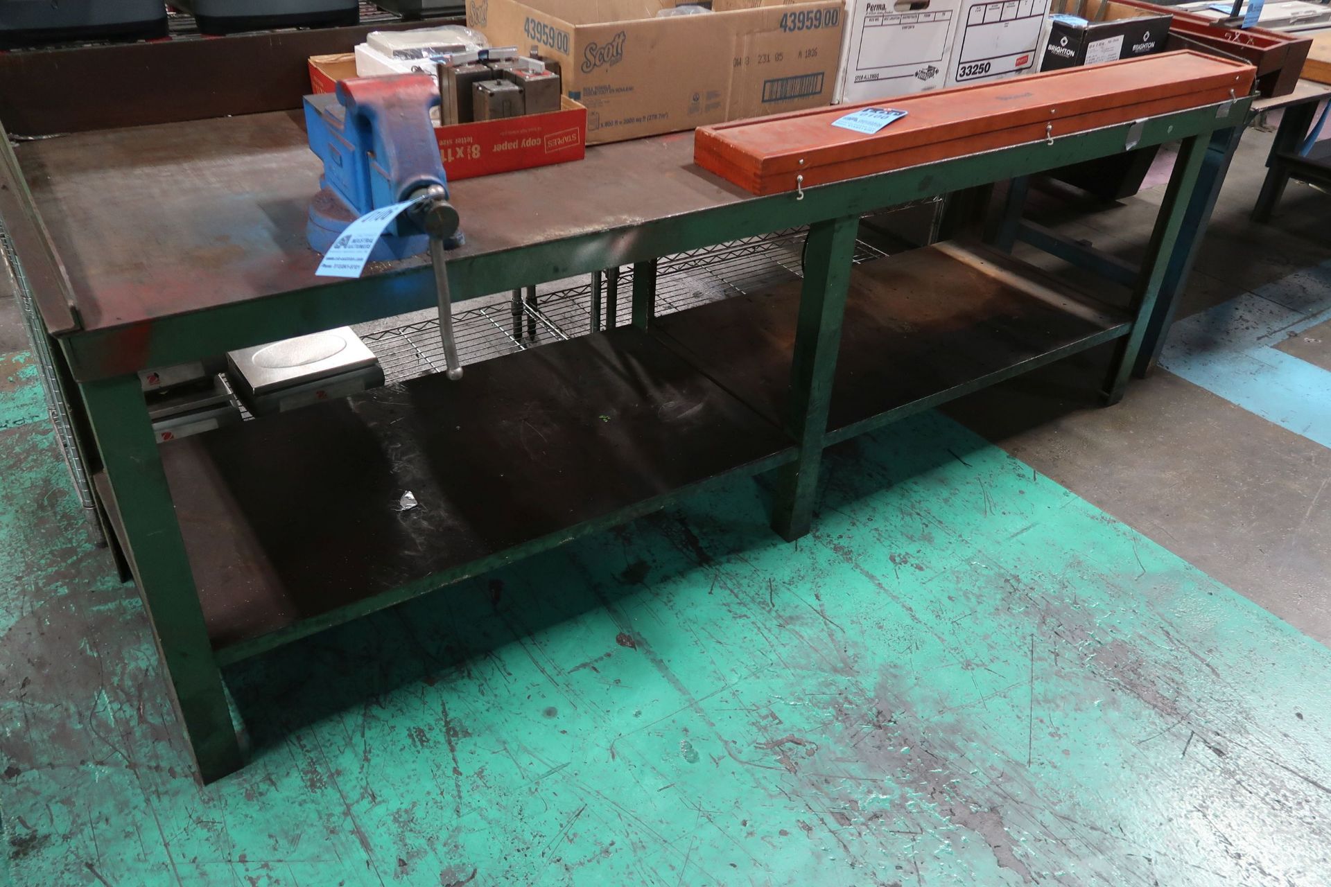 96" X 30" HEAVY DUTY STEEL BENCH, WITH 4" COLUMBIAN BENCH VISE **DELAYED REMOVAL - PICK UP 1-2-