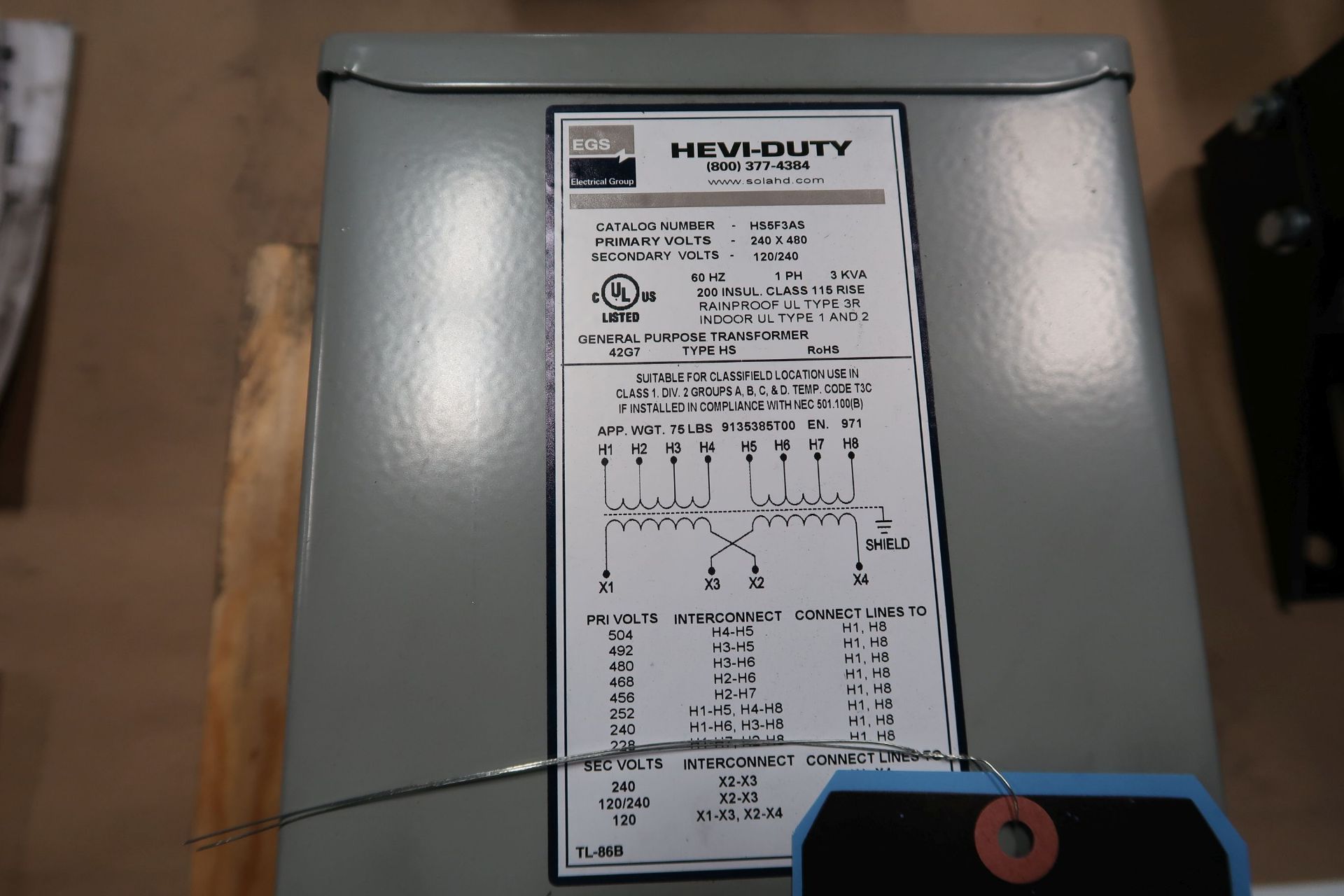 3 KVA EGS NO. HS5F3AS HEVI-DUTY GENERAL PURPOSE TRANSFORMER (NEW) - Image 2 of 2