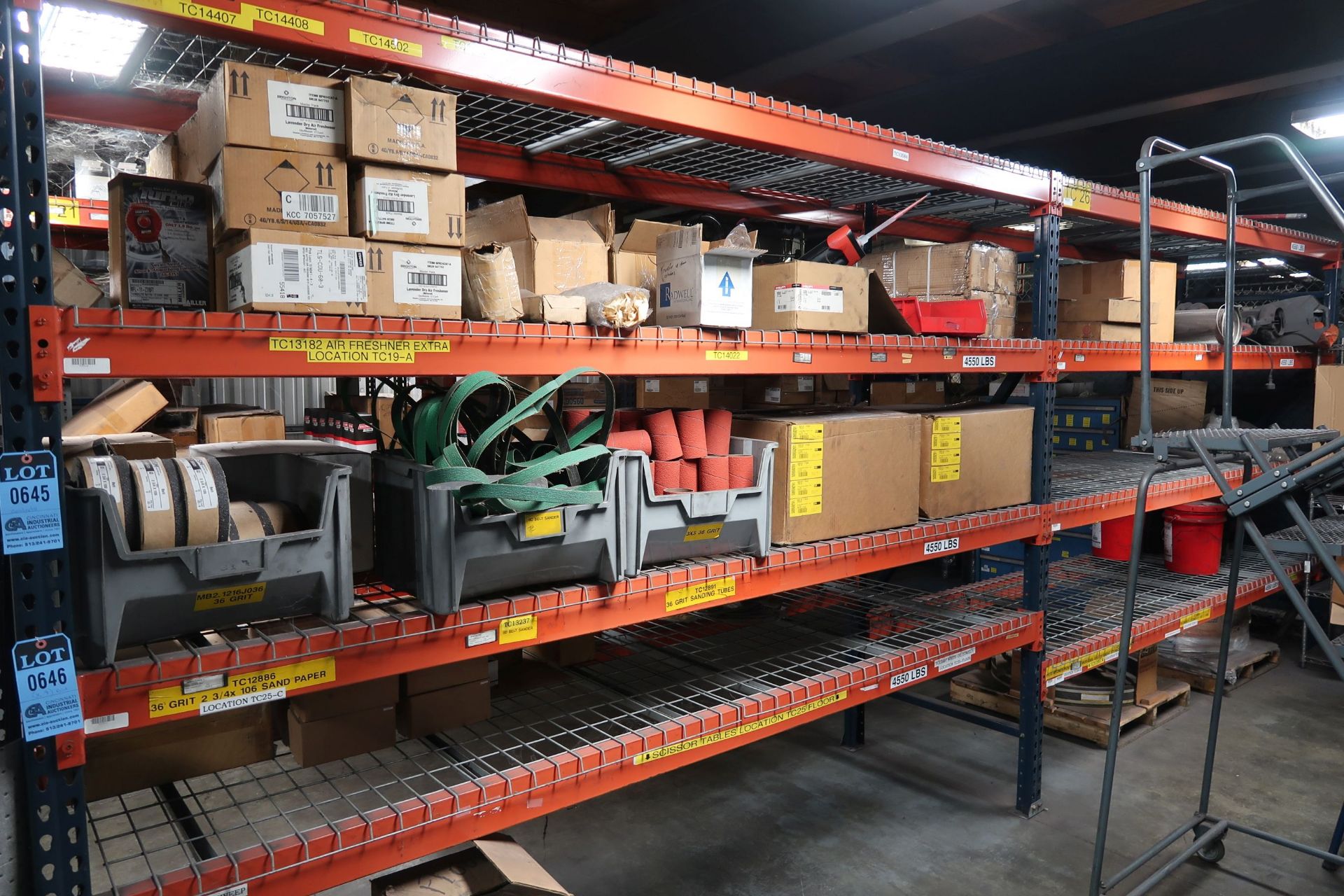 (LOT) CONTENTS OF (4) SECTIONS PALLET RACK - ABRASIVES AND MAINTENANCE ITEMS **LOADING PRICE DUE