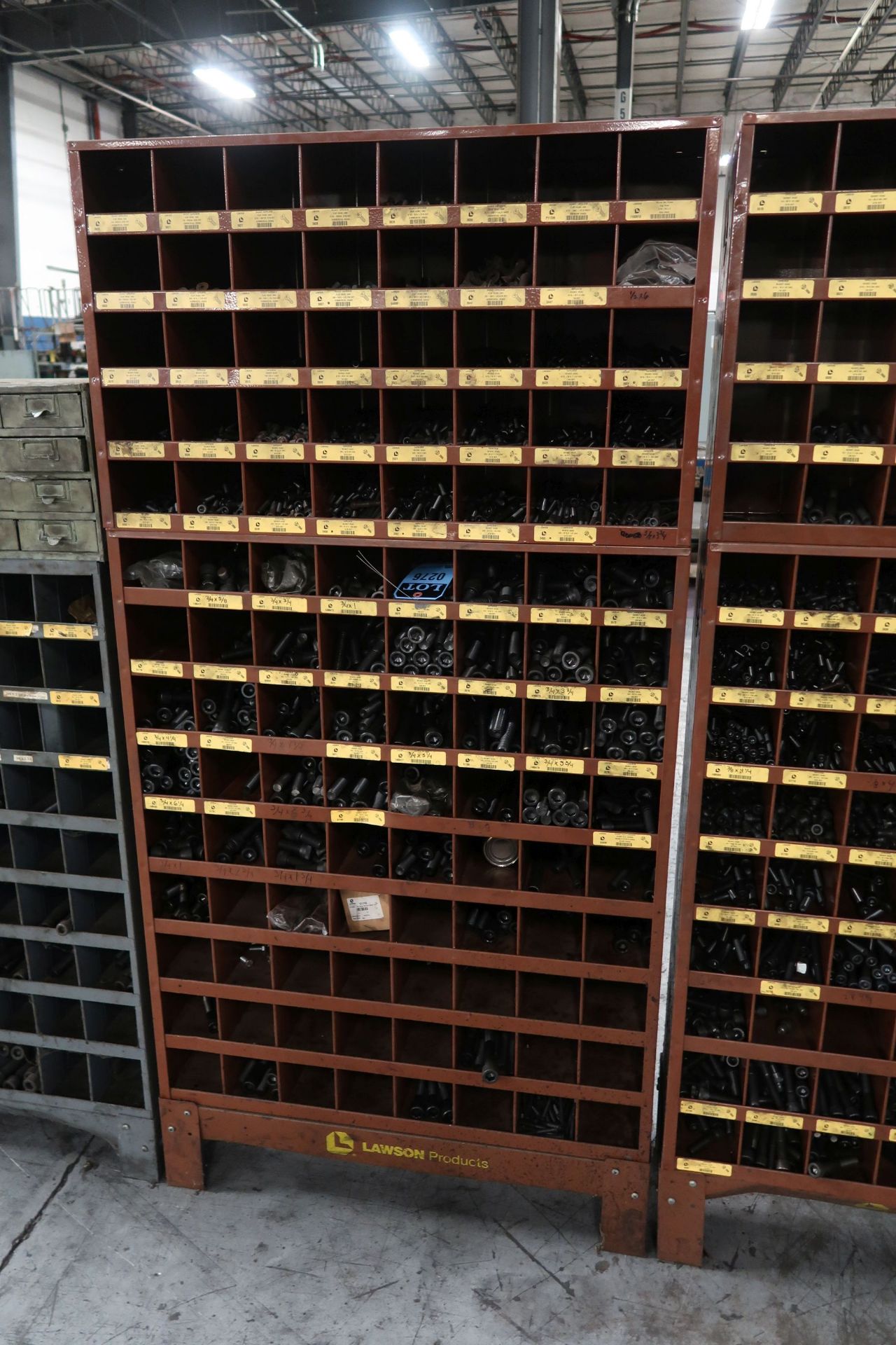 40 BIN AND 72 BIN PIDGEON HOLE HARDWARE CABINET WITH CONTENTS **LOADING PRICE DUE TO ERRA - $25.