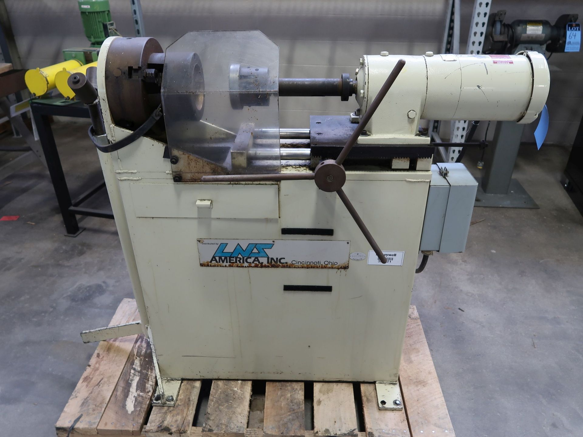 LNS BAR CHAMFER MACHINE; S/N 776030S, 10" THREE JAW CHUCK, 6" STROKE, 1 HP, WITH BAR STAND