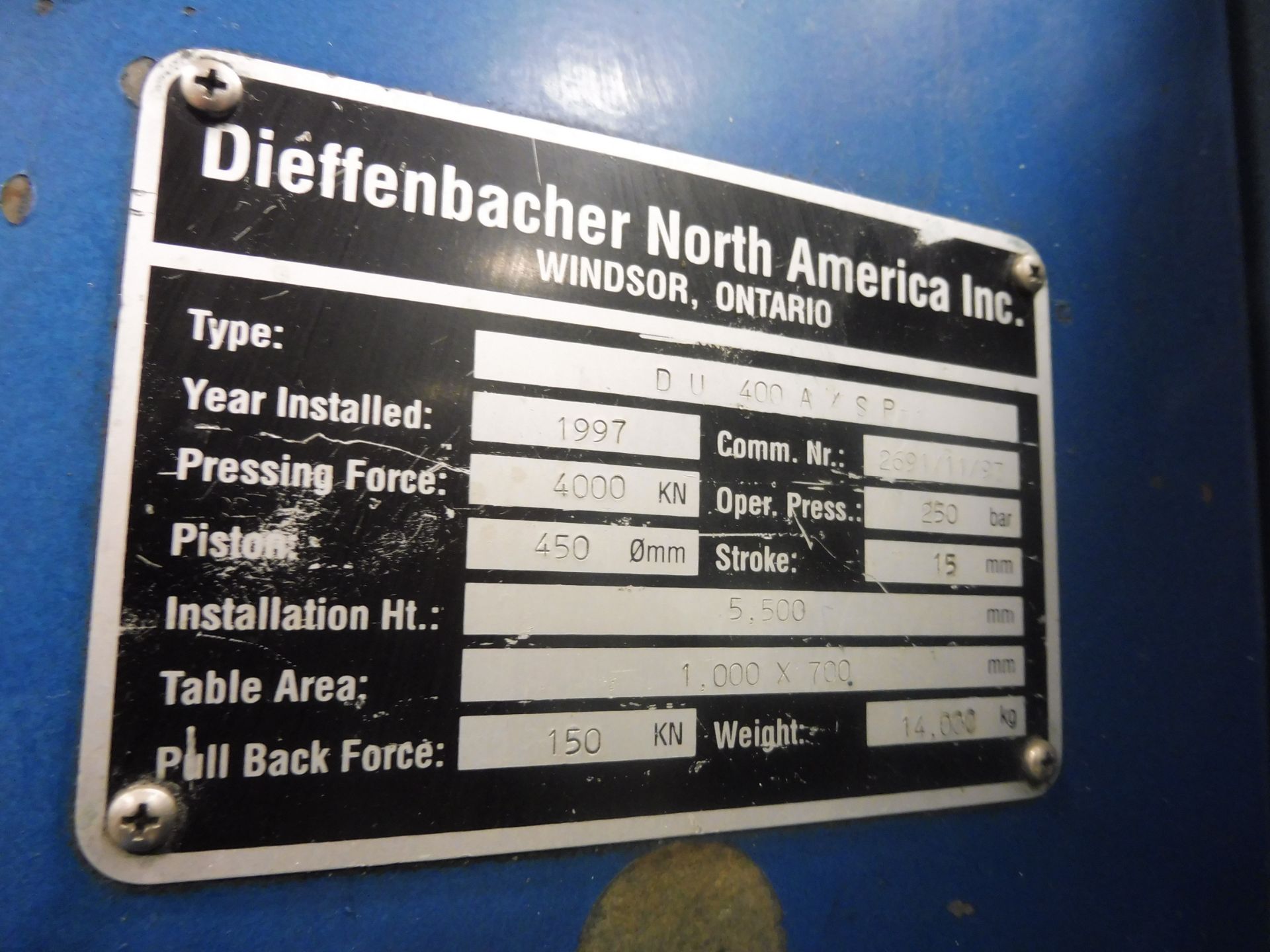 1997 DIEFFENBACHER MODEL DU-400 A/SP HYDRAULIC RUBBER INJECTION MOULDING PRESS, S/N 2691/11/97, WITH - Image 2 of 9