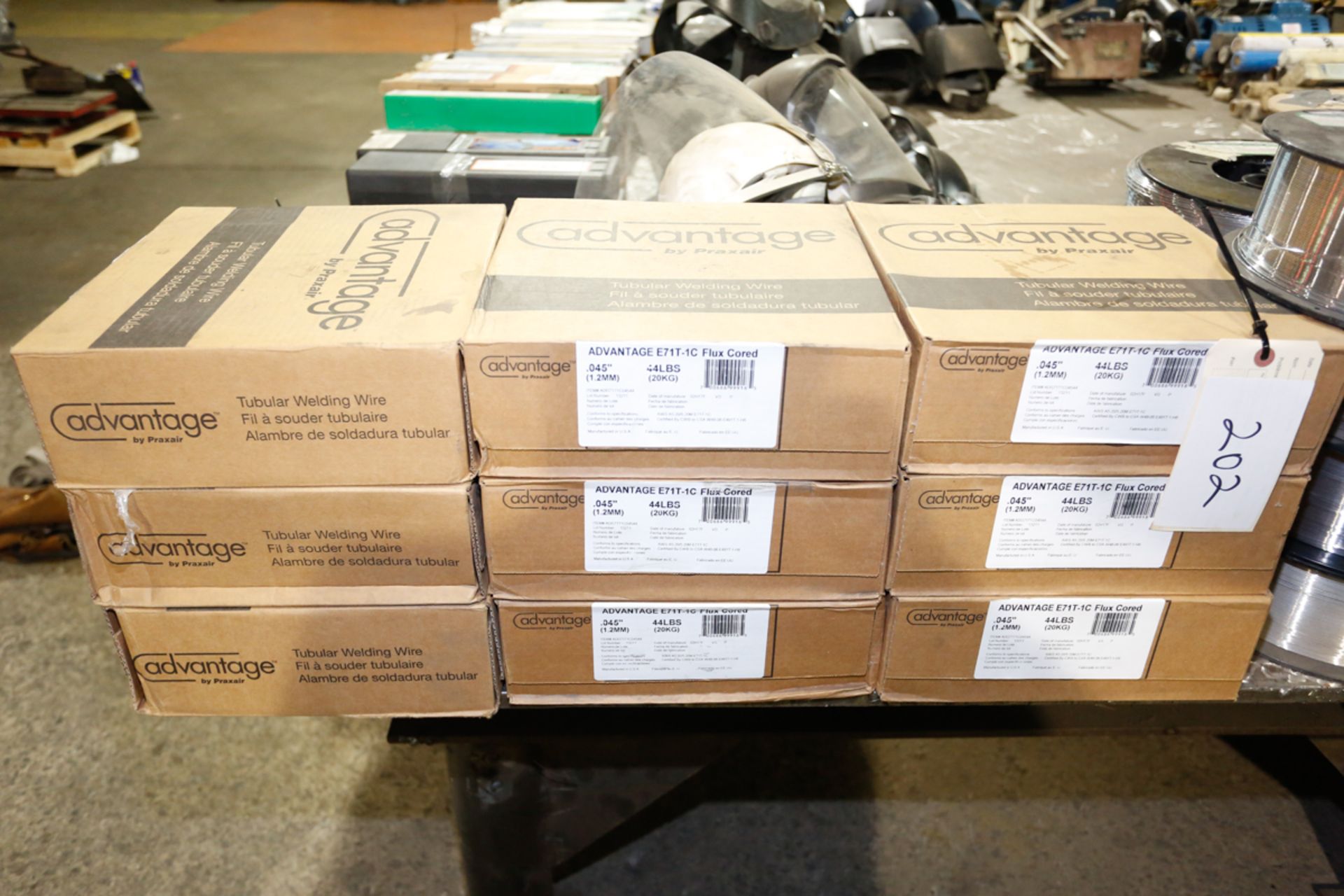 LOT OF 9 "NEW" BOXES OF FLUX CORED WELDING WIRE, 0.44" DIA.