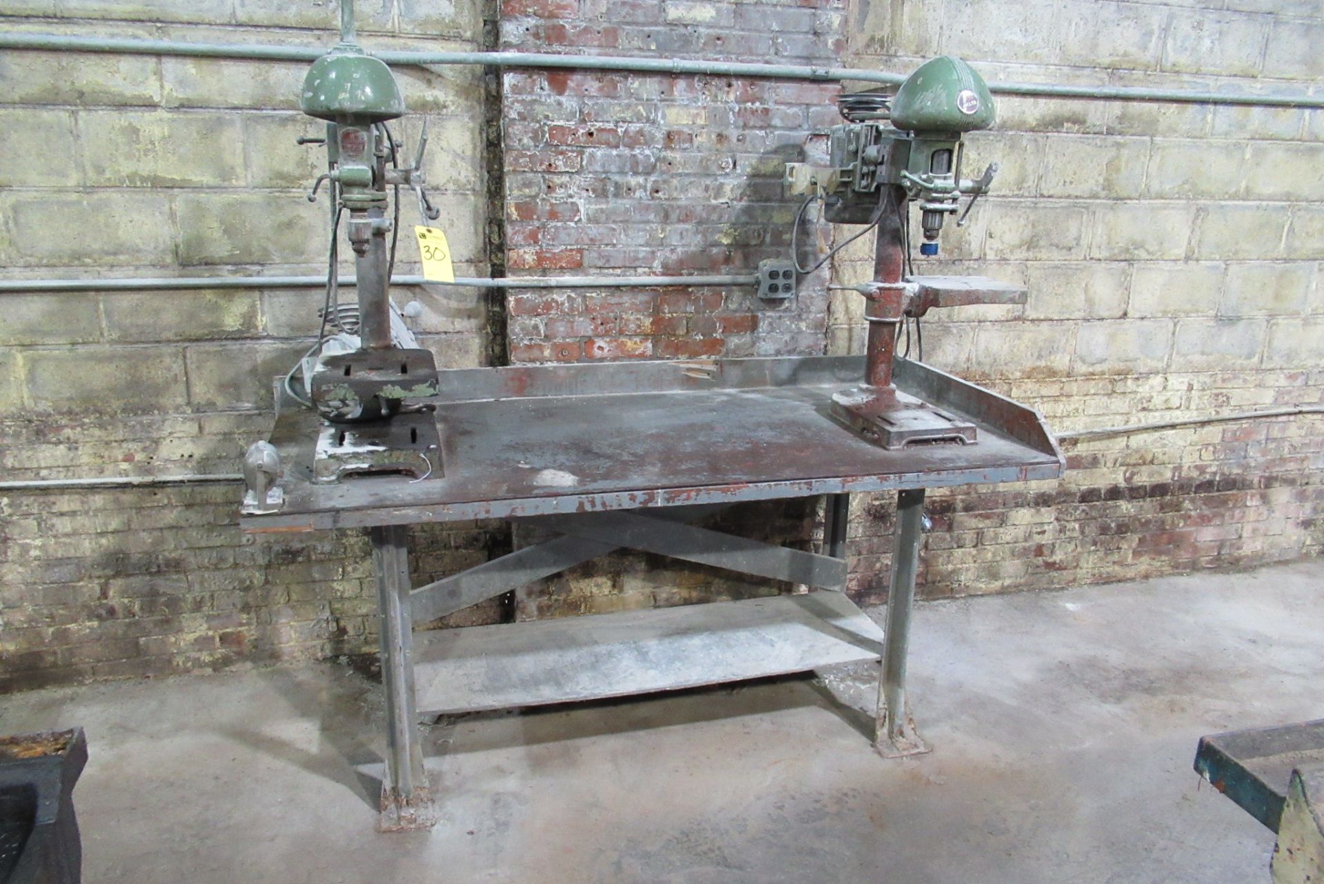 Work Table w/ (2) Delta & Walker Turner Drill Presses