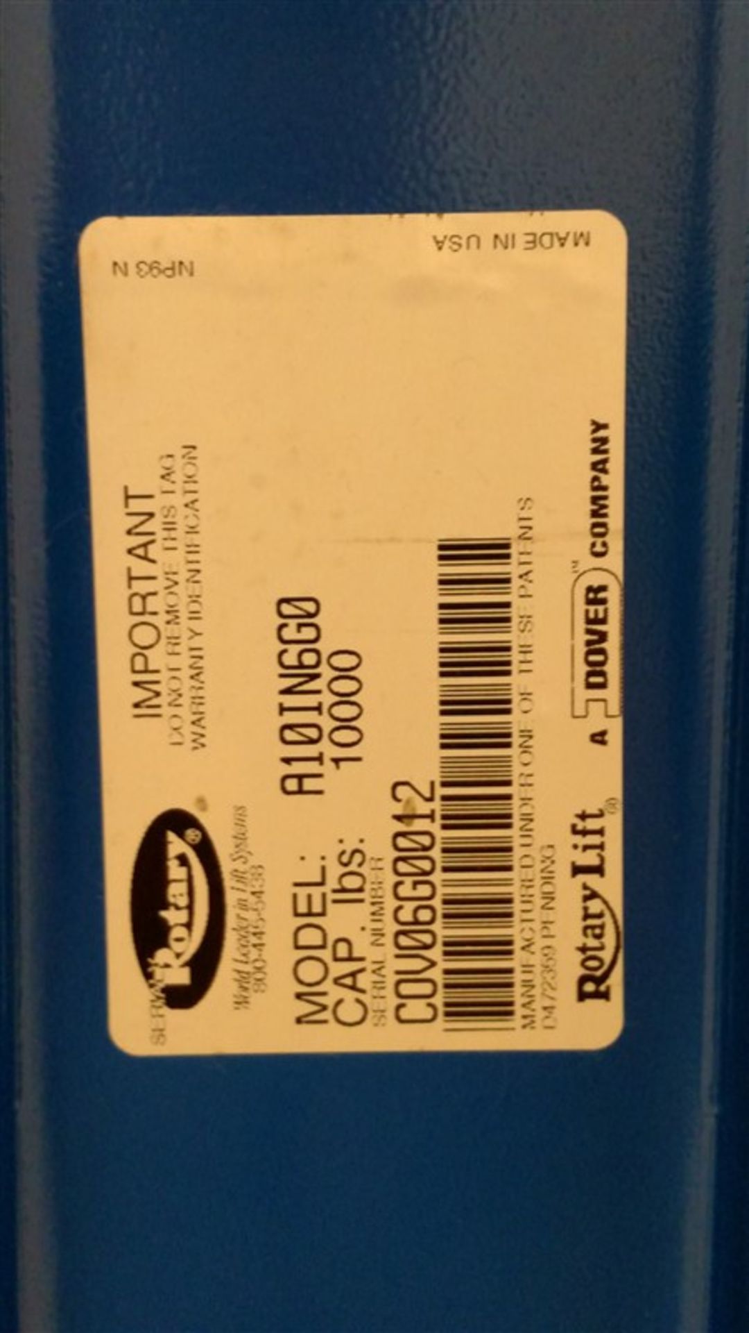 Rotary A10IN6G0 (In-Bay) 10,000 Lb. 2-Post Surface Lift (Model Year: 2006) s/n COV06G0012 (1 x Bid) - Image 2 of 6