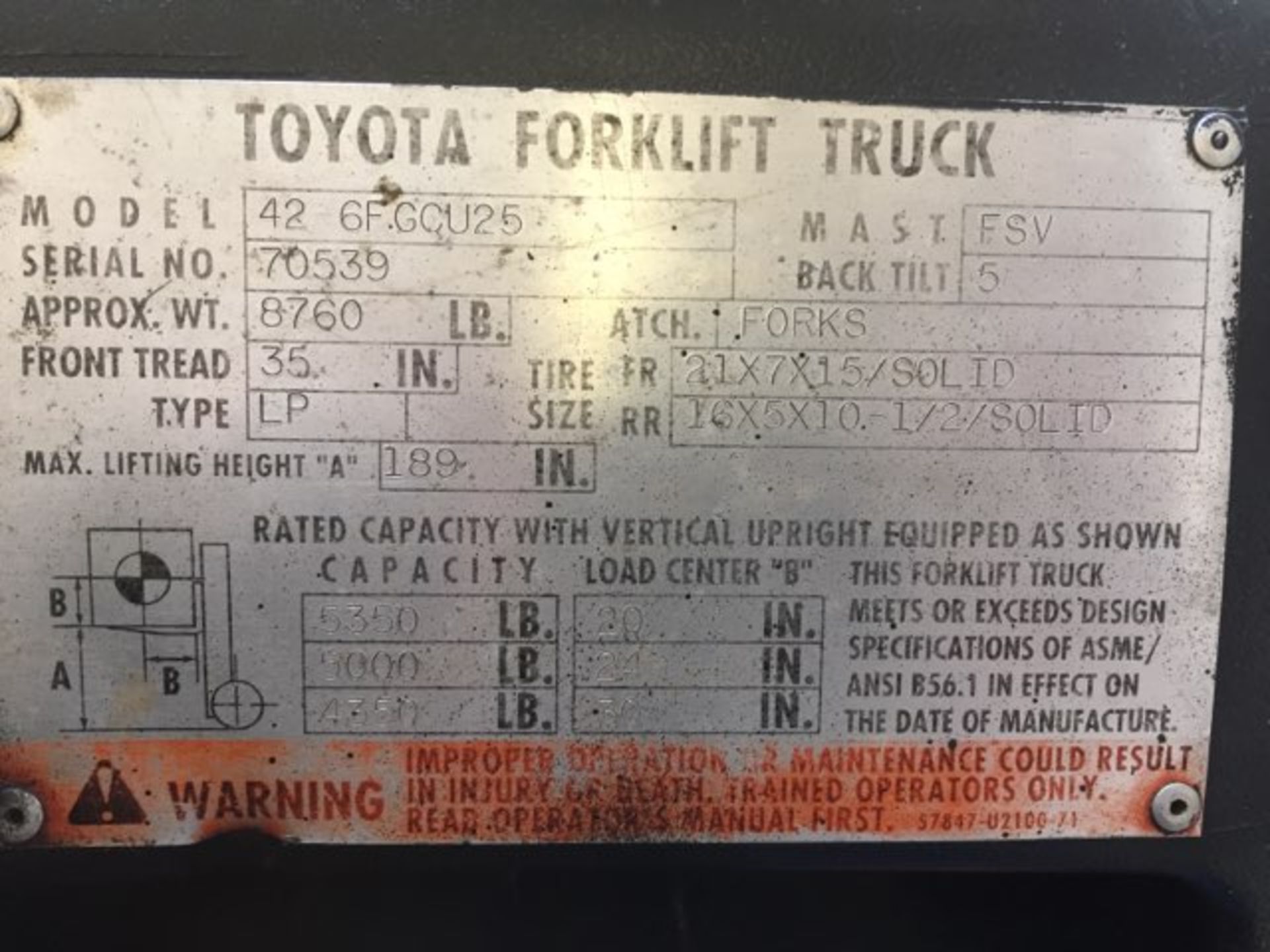 TOYOTA (42 6FGC25) 5,000 LBS. CAP SOLID TIRE LPG FORKLIFT - Image 5 of 5