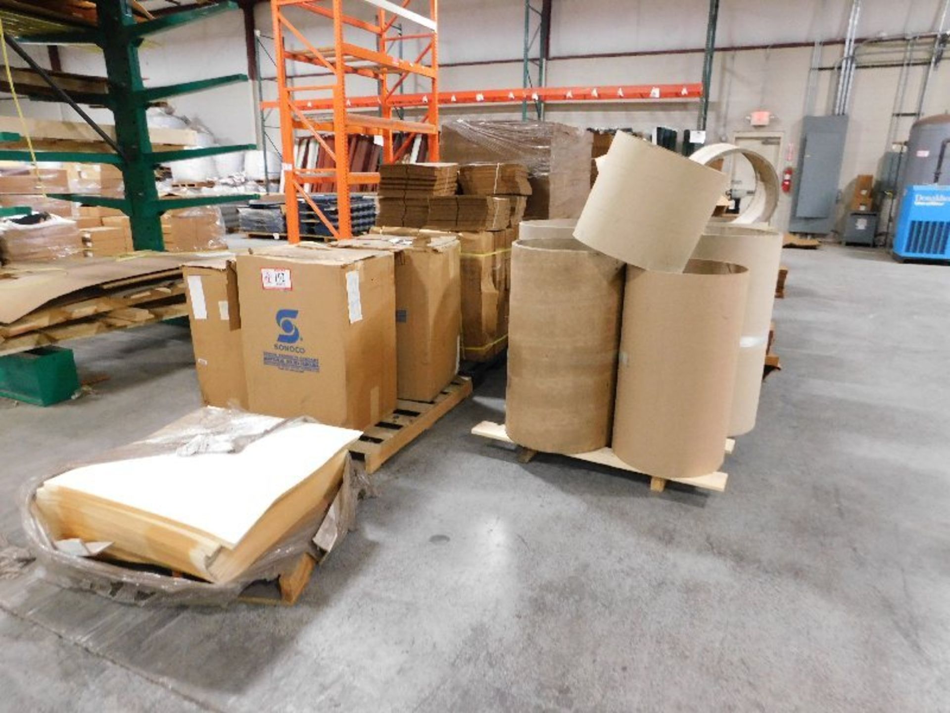 (8) Pallets, Large Surplus Inventory Cardboard Boxes, Packing Material, etc.