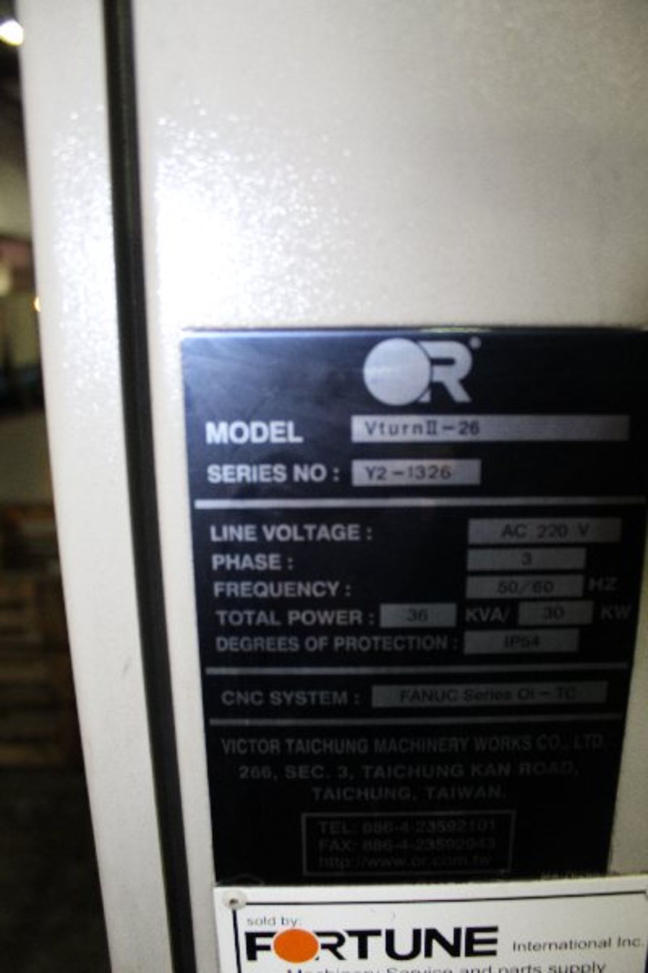 2009 OR Victor Taichung V-turn II-26 CNC Lathe, w/Fanuc Controls and chip conveyor, s/n Y2-1326 - Image 5 of 5