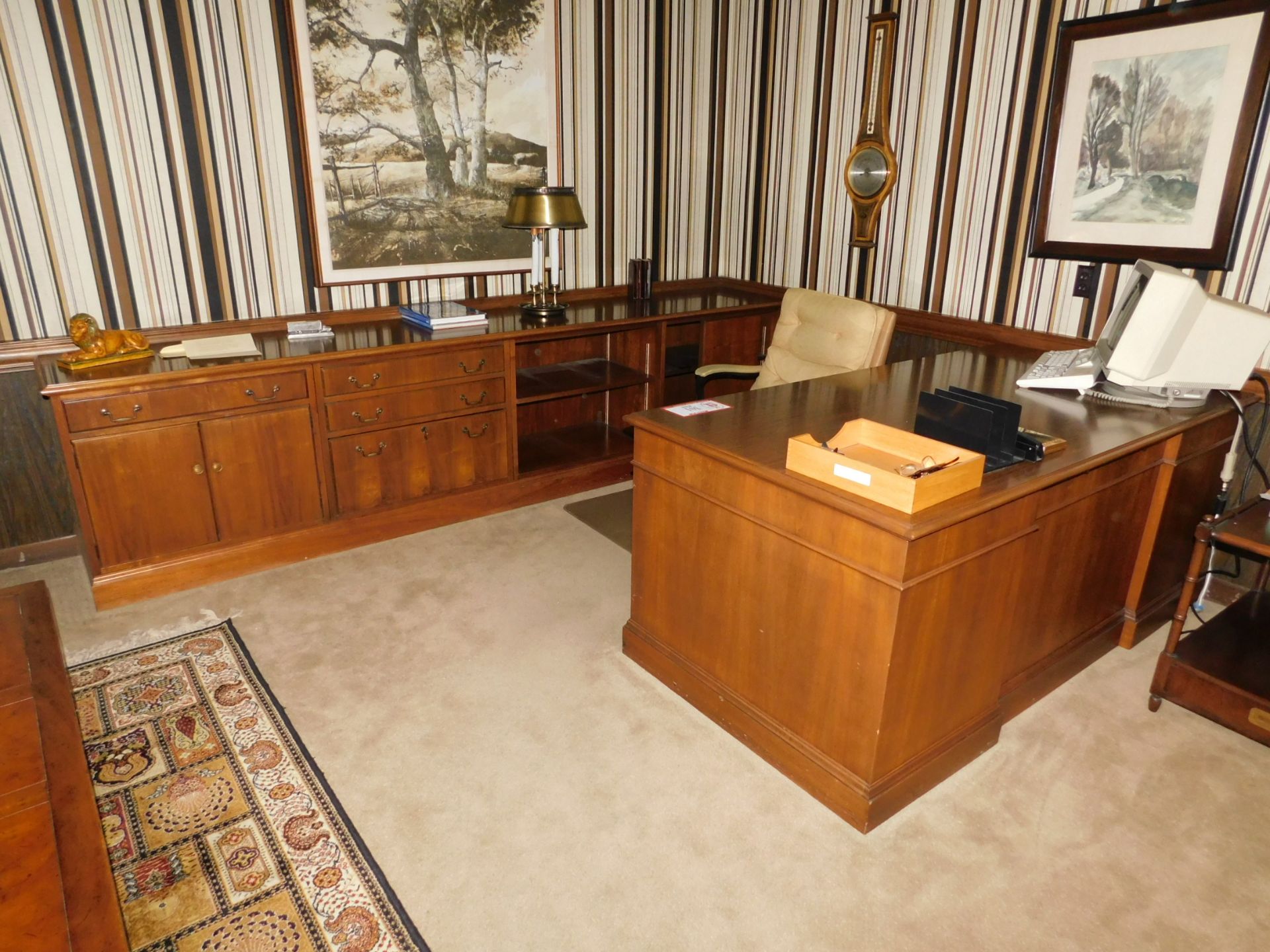 Wooden Double Post Executive Desk and Matching Credenza, Chair on Casters, Decorative Coffee