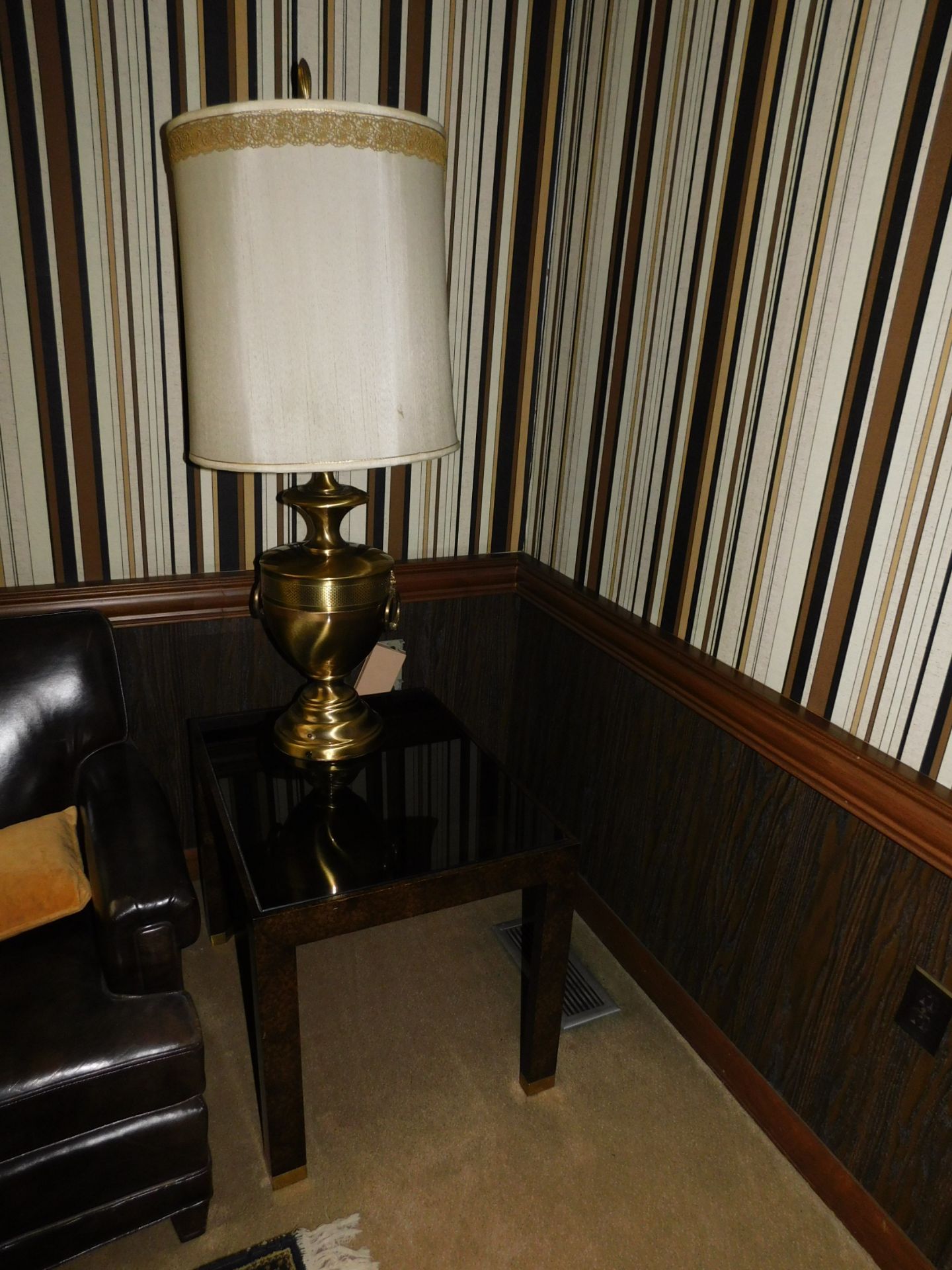 Wooden Double Post Executive Desk and Matching Credenza, Chair on Casters, Decorative Coffee - Image 4 of 5