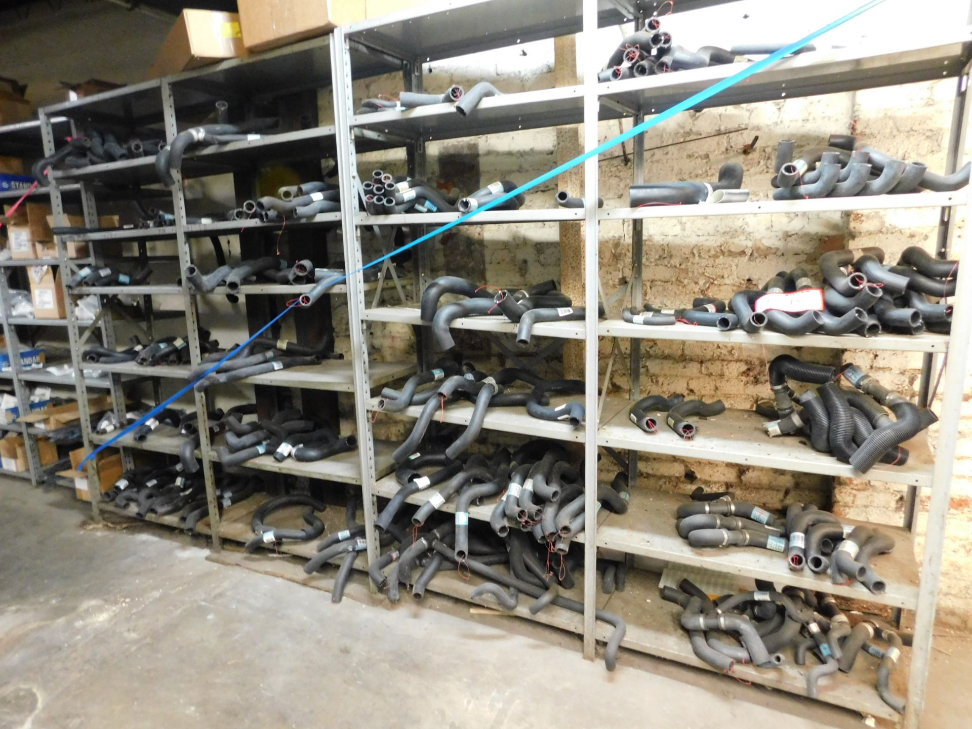 Contents of (4) Sections of Metal Racking, Radiator Hoses, Heater Hoses, Large Quantity, Various