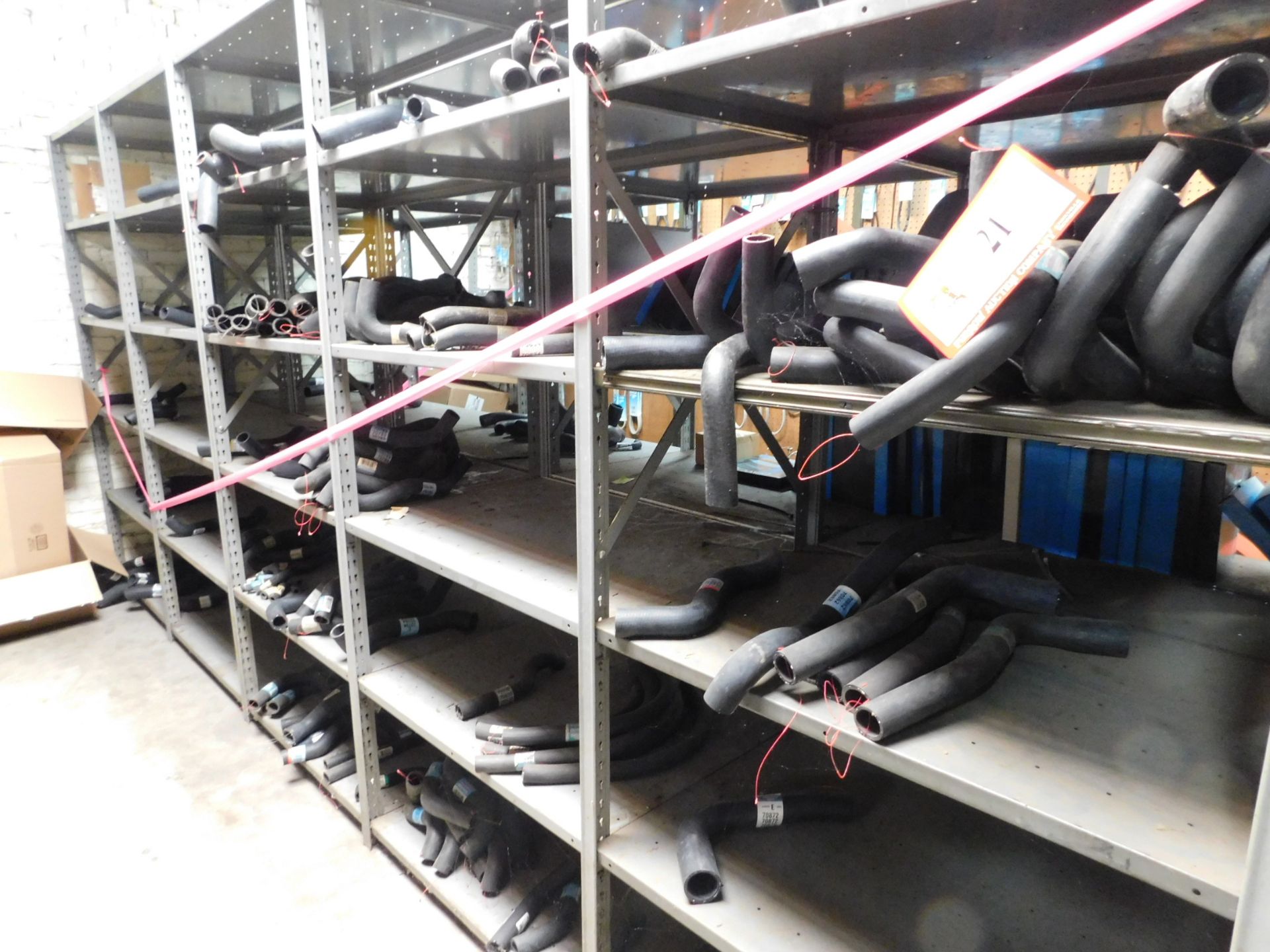 Contents of (8) Sections Shelving Radiator Hoses, Heater Hoses, Large Quantity, Various Types