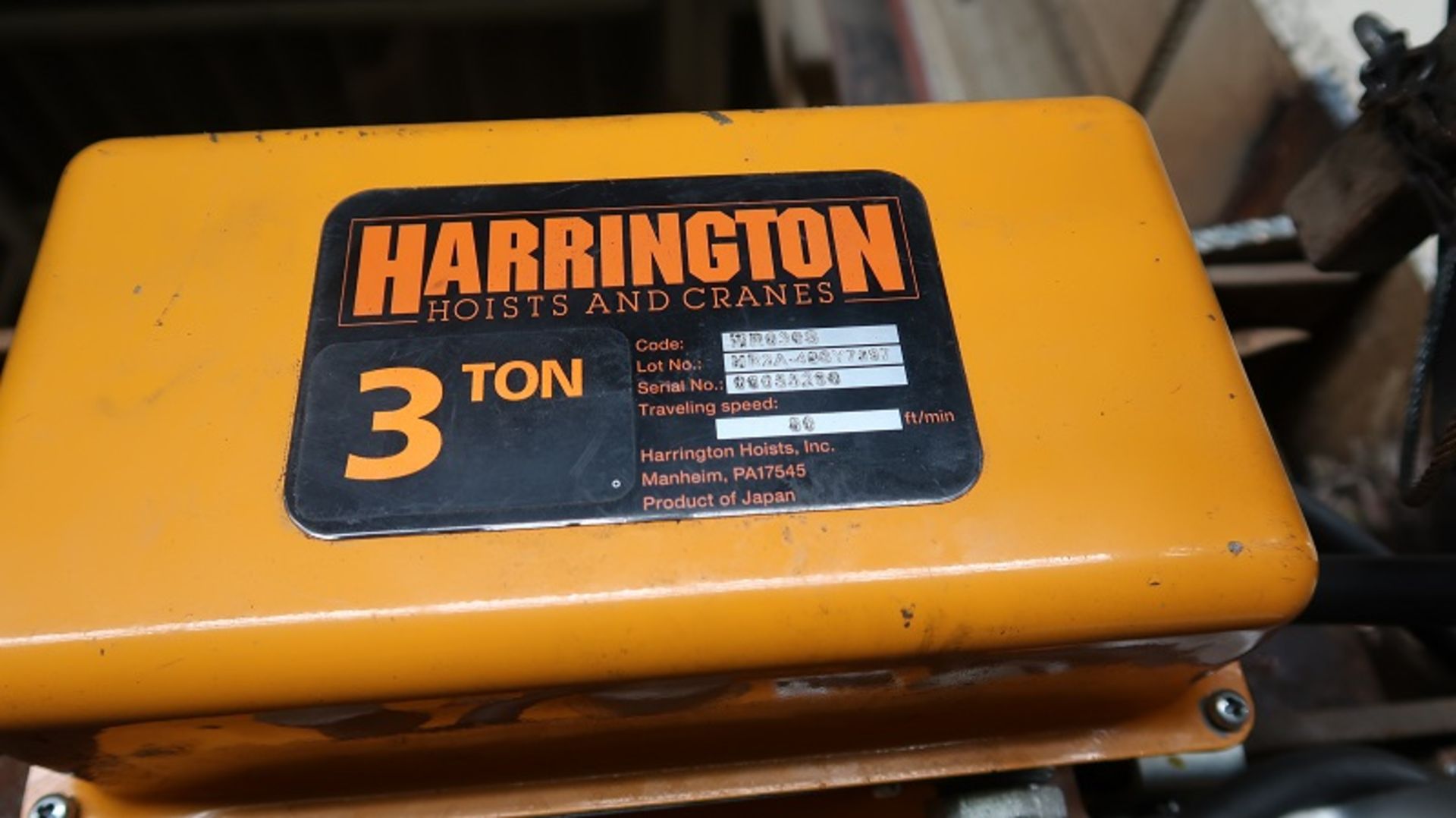 3-Ton Harrington Hoist (Model: ER2A-3ASY2722, SN: 00151961) with 3-Ton Harrington Powered Driven - Image 3 of 3
