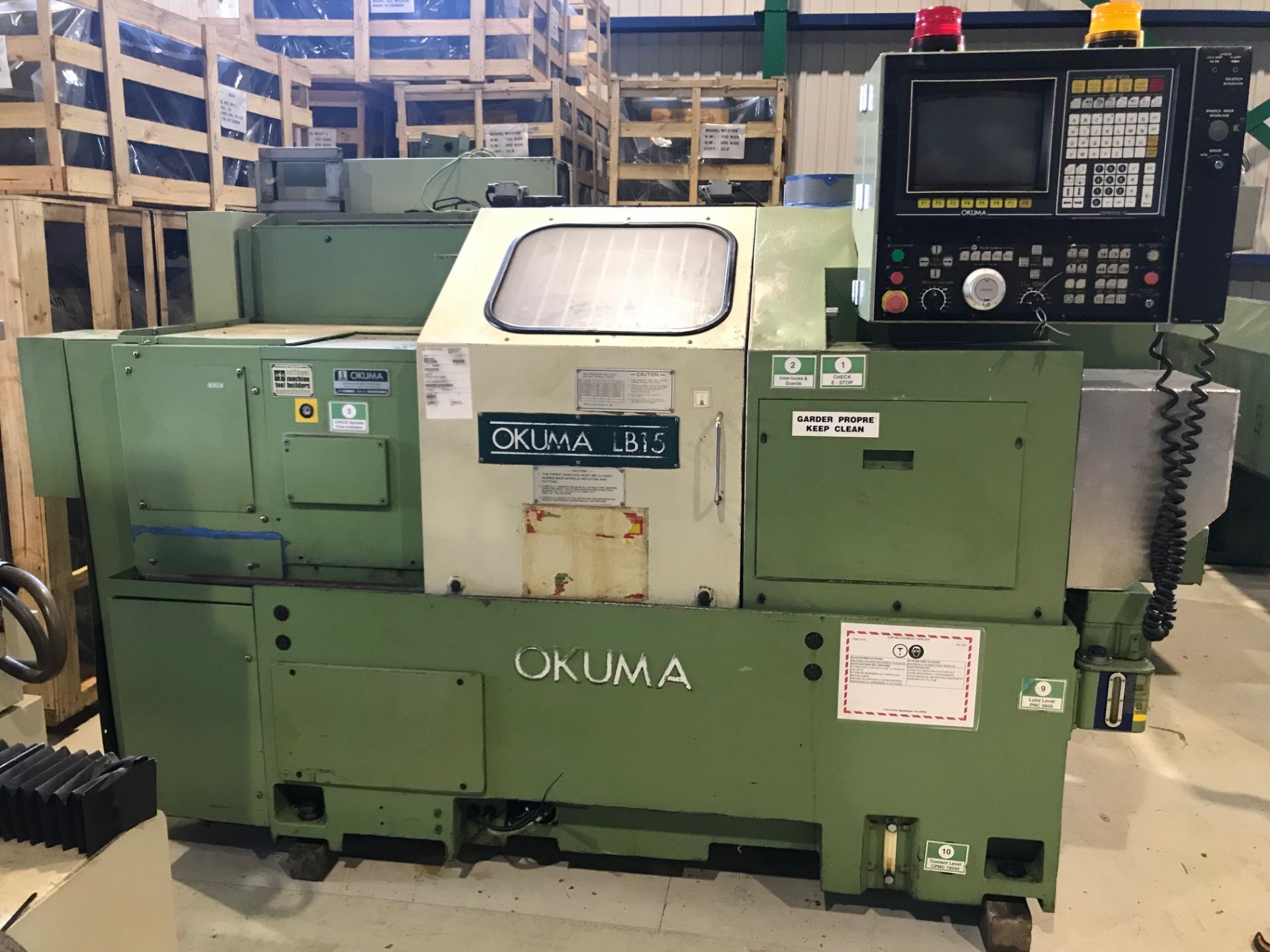 OKUMA LB15 CNC LATHE MOD. LB15, SWING: 15.8", MAX TURNING LENGTH: 32", SPINDLE BORE: 2.5", TOOL