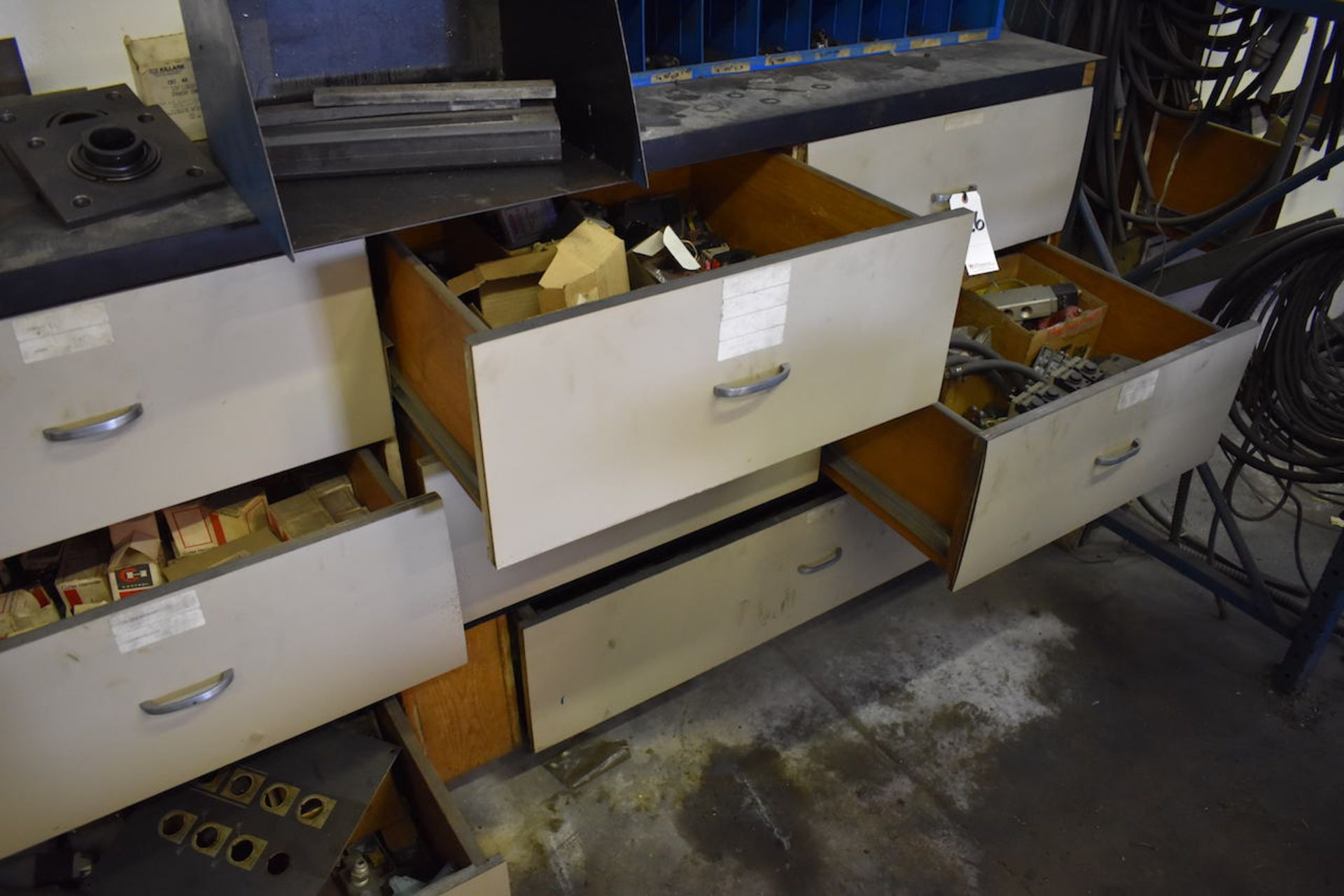 LOT: (2) PARTS STORAGE CABINETS; W/Assorted Electrical Parts; Blue Parts Bin W/Assorted Pipe - Image 2 of 4