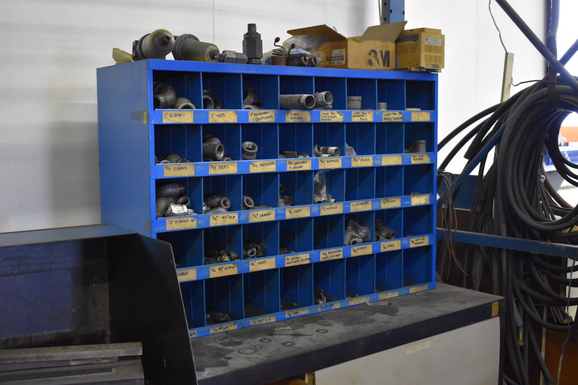 LOT: (2) PARTS STORAGE CABINETS; W/Assorted Electrical Parts; Blue Parts Bin W/Assorted Pipe - Image 3 of 4