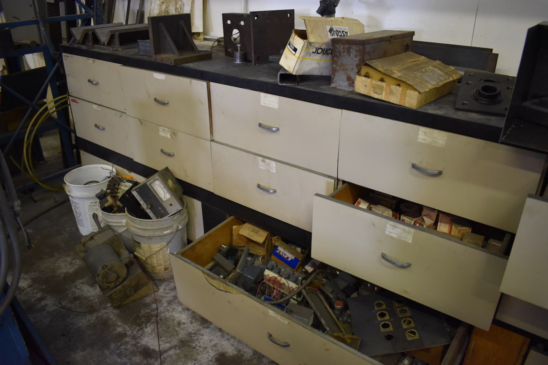 LOT: (2) PARTS STORAGE CABINETS; W/Assorted Electrical Parts; Blue Parts Bin W/Assorted Pipe