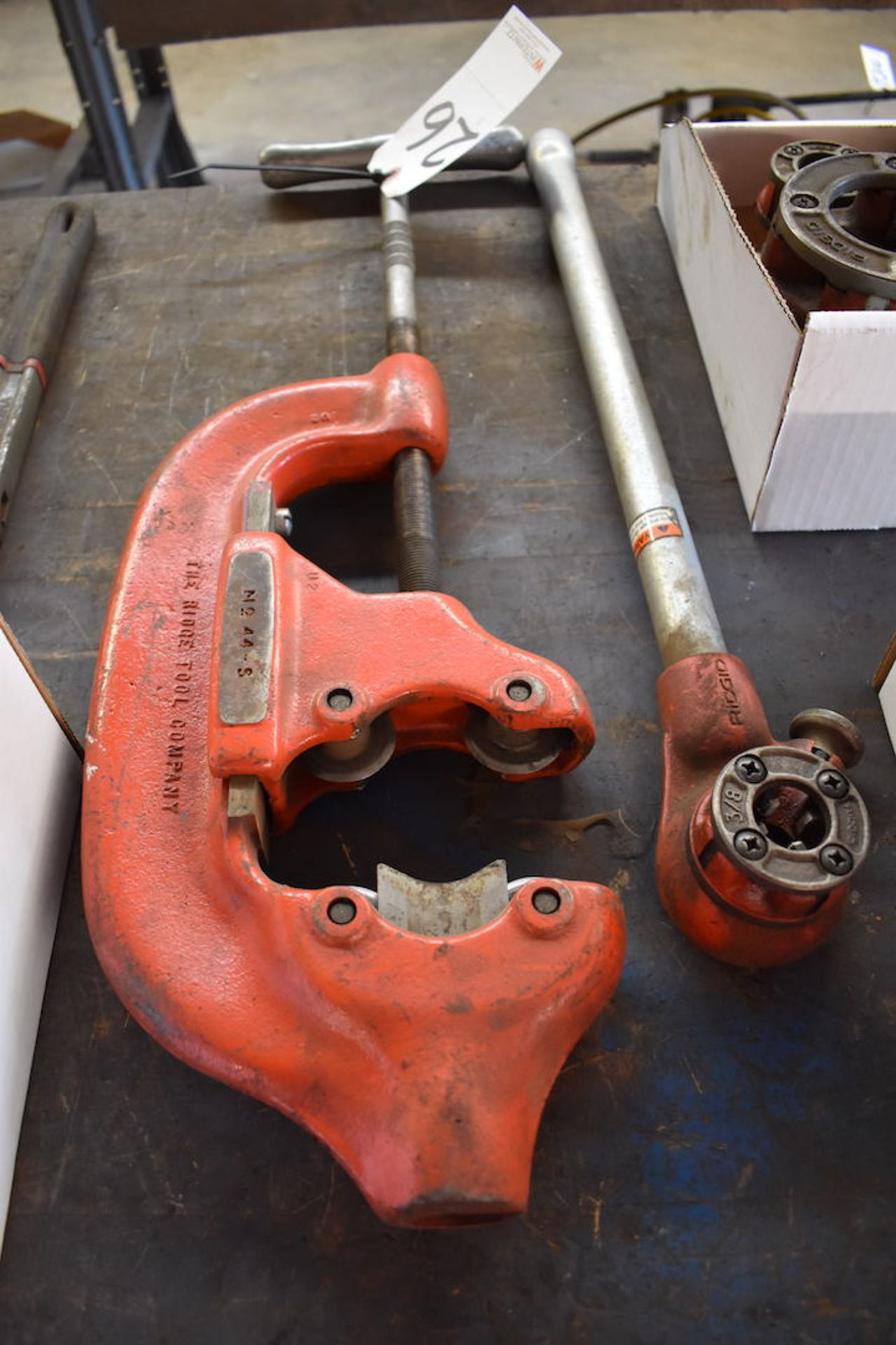 LOT: Ridgid No. 44-S 2.5 in. - 4 in. Pipe Cutter, 3/8 in. Pipe Threader, 2 in. Threading Die, 1/2