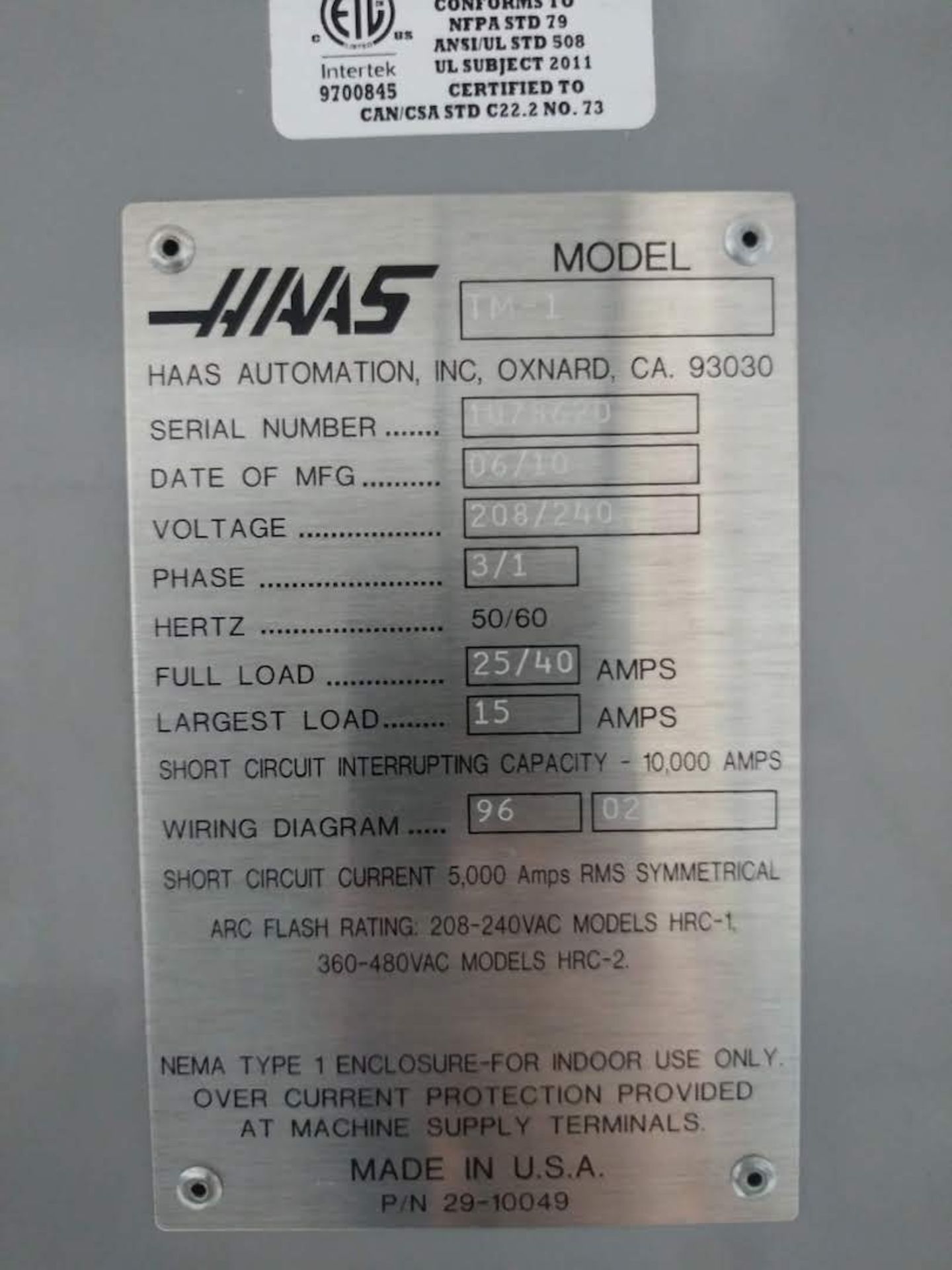 2010 HAAS MODEL TM-1 CNC TOOLROOM MILL: S/N 1078620; 10-POSITION AUTOMATIC TOOL CHANGER; 40 TAPER; - Image 9 of 11