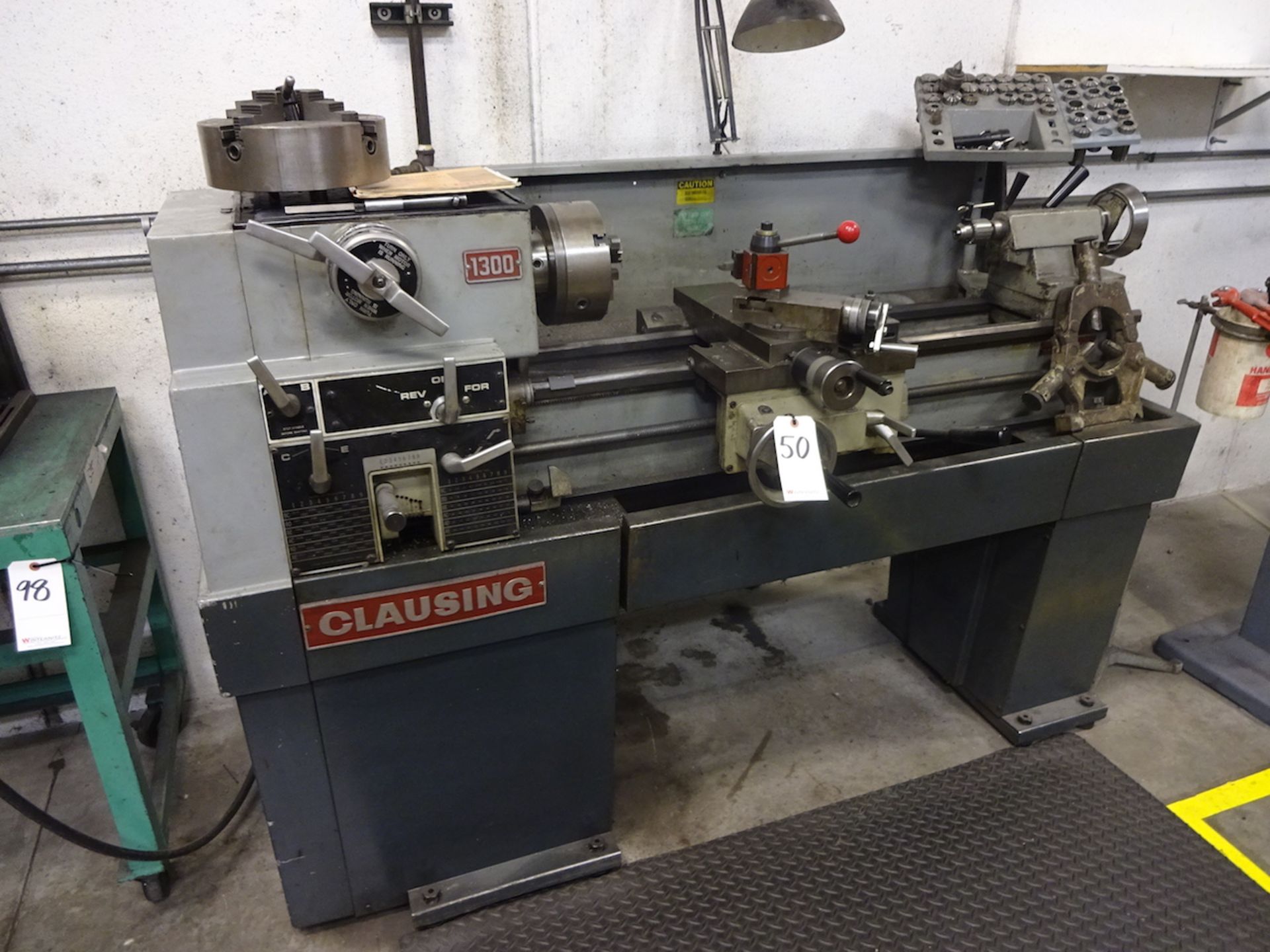 Clausing 13 in. x 36 in. Model 1300 Engine Lathe, S/N 130559, 10 in. 4-Jaw Chuck, 8 in. 3-Jaw Chuck,