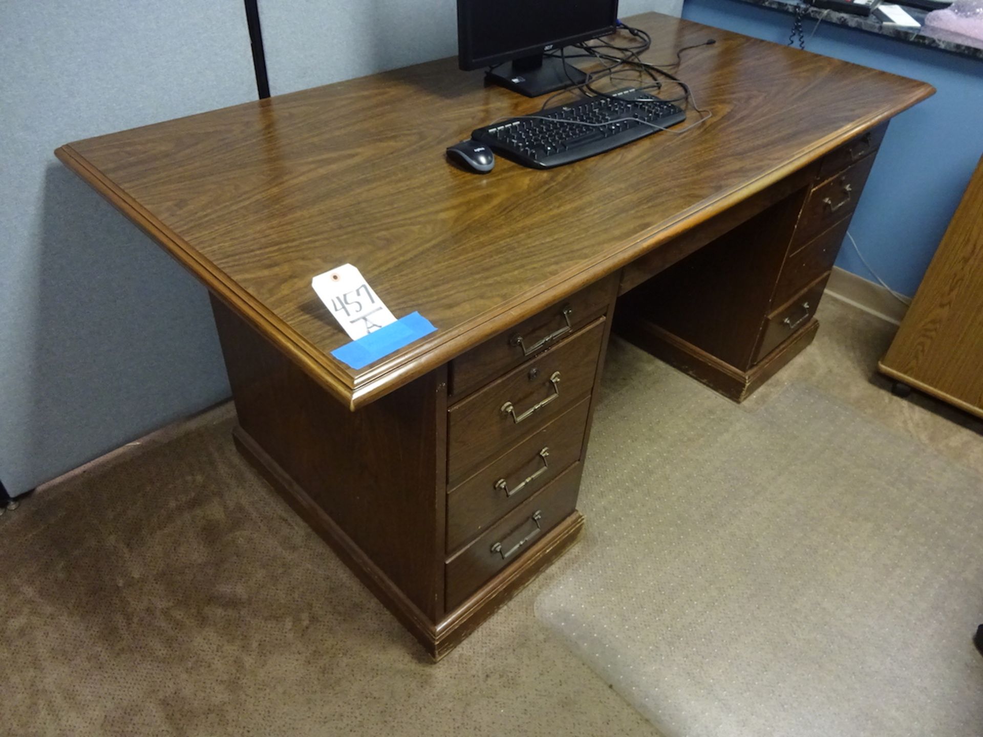 LOT: Double Pedestal Desk, Credenza, (2) Swivel Chairs, Portable Stand