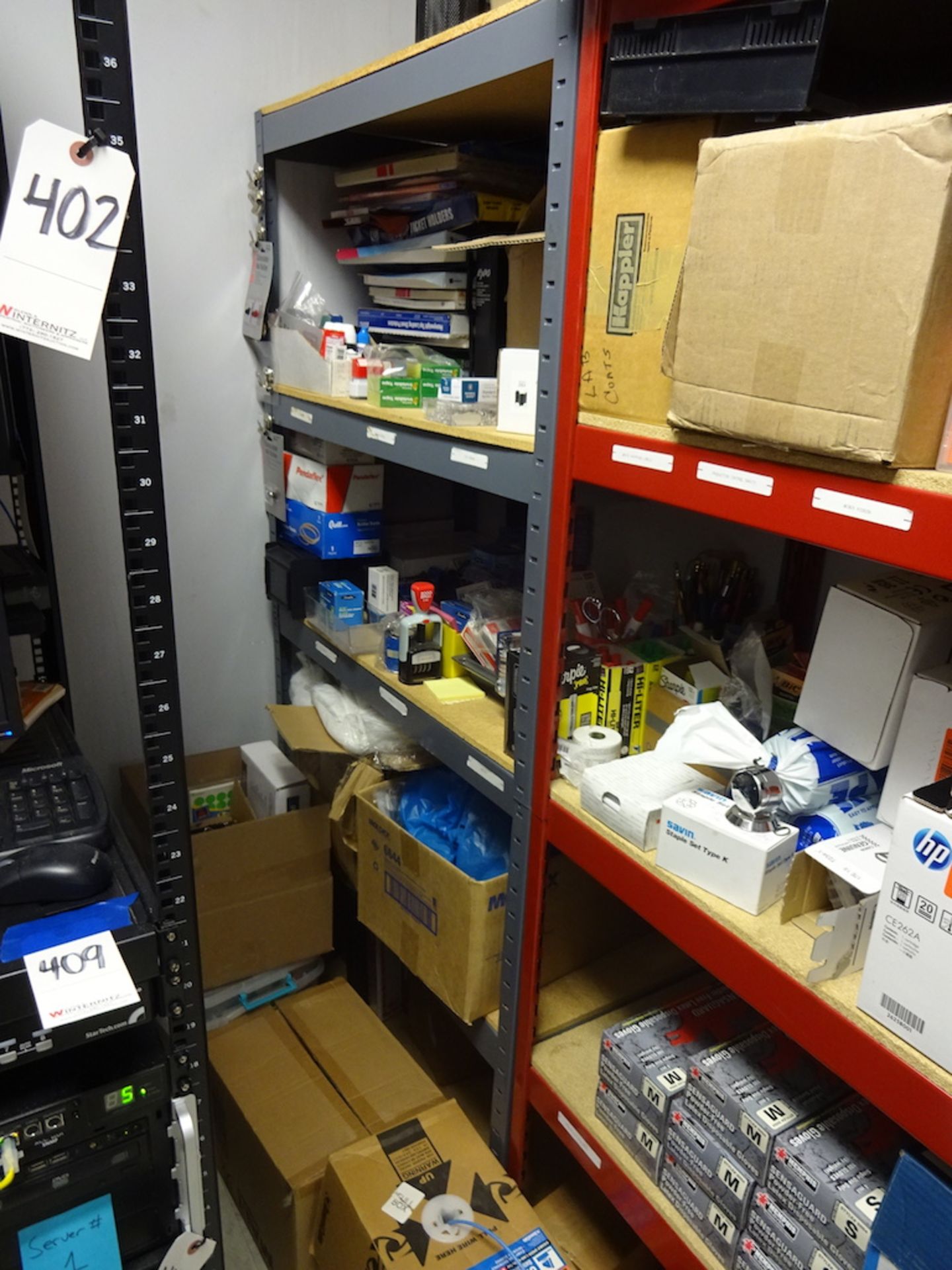 LOT: (3) Sections Shelving with Office Supplies