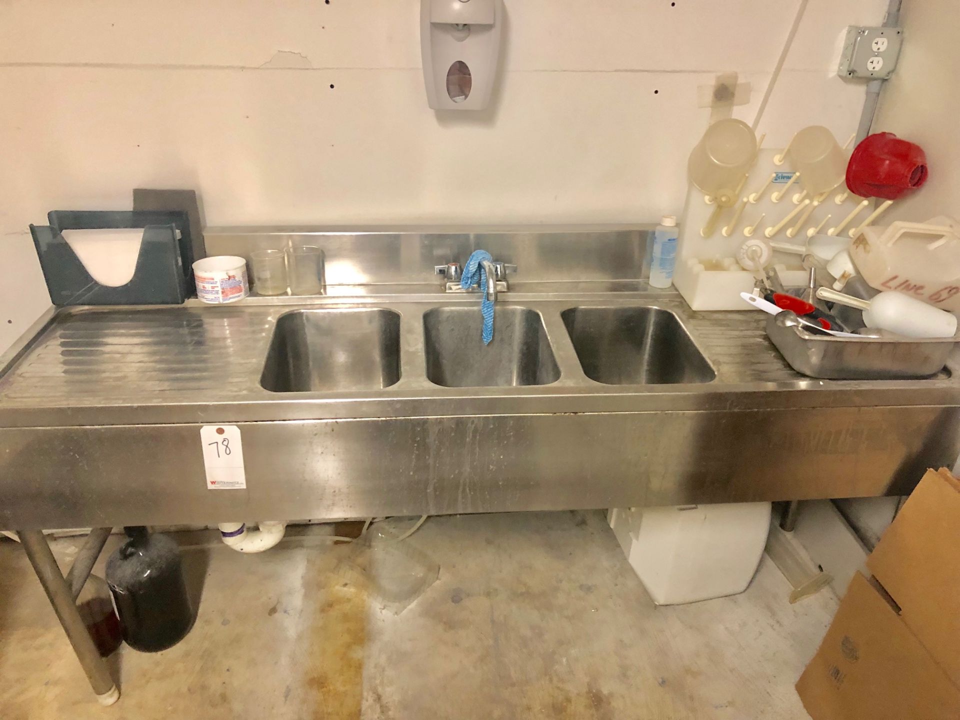 Stainless Steel 3 Bay Sink; Size is. 73” x23” x30”