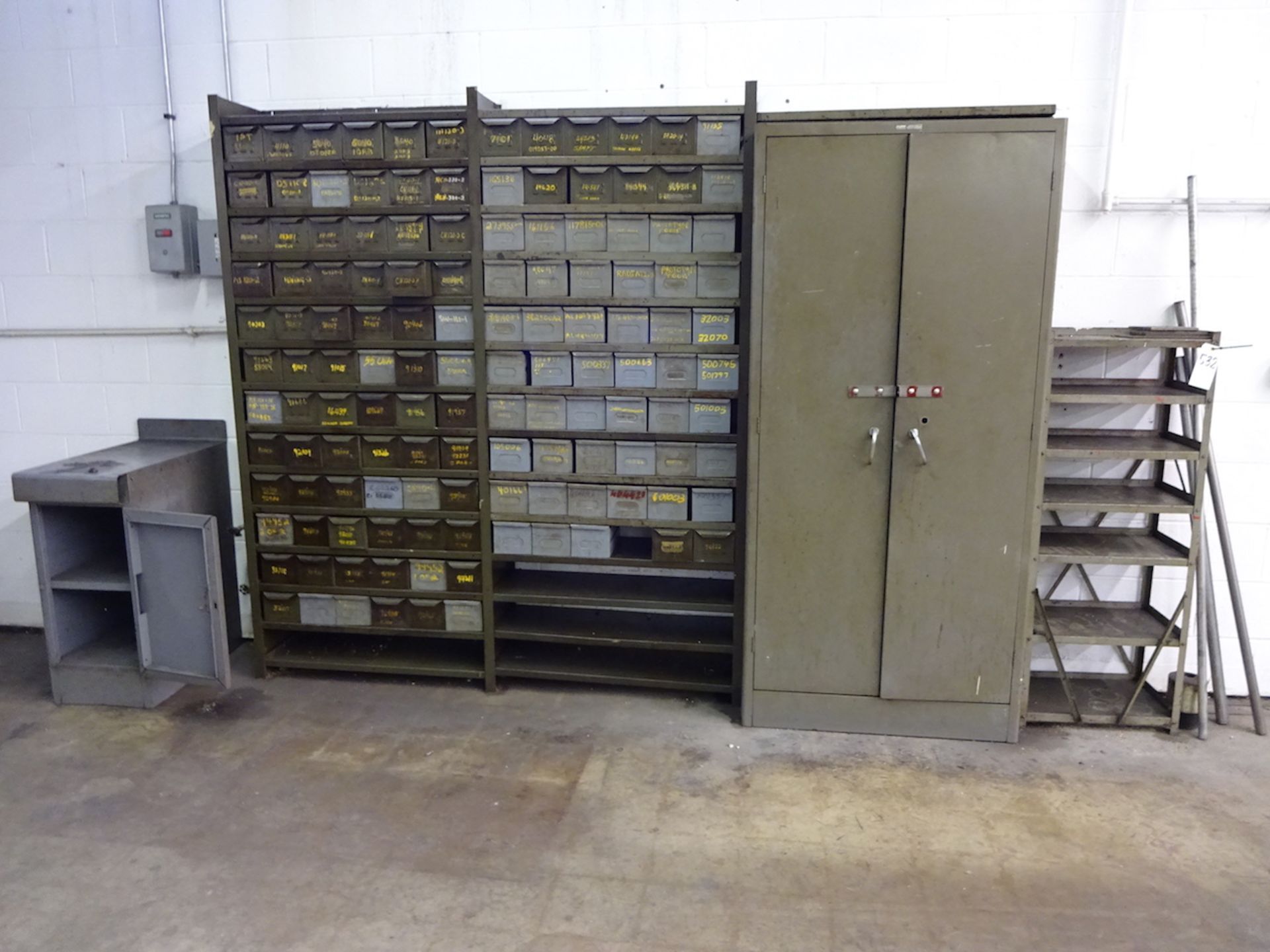 LOT: Shelving, Storage Cabinet, Parts Bins