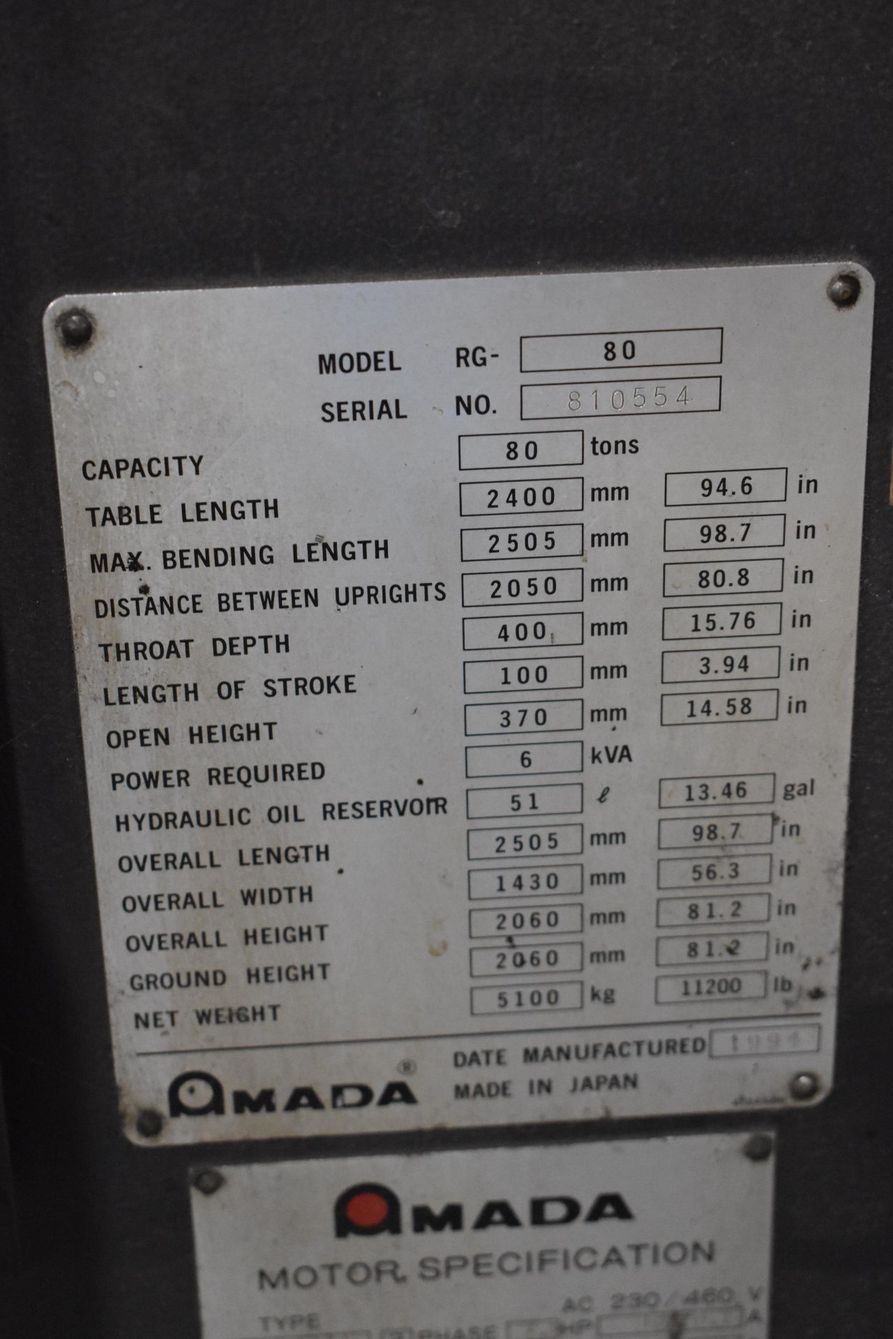 Amada 94 in. x 80 Ton Model RG-80 CNC Hydraulic Press Brake, S/N A10554 (1994), Amada NC9-EX II - Image 8 of 10