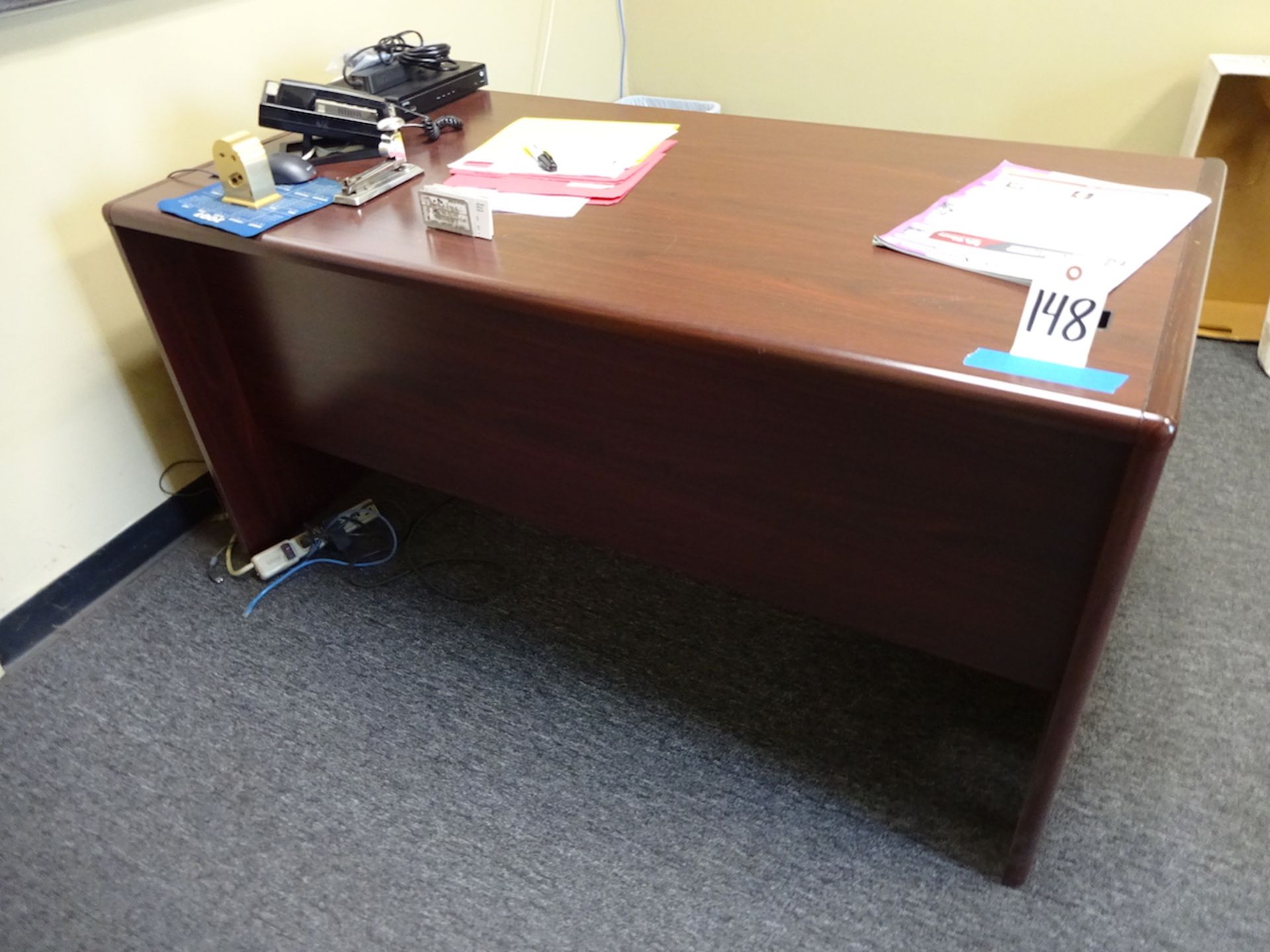 LOT: Office Furniture in Area including (2) Wood Desks, Wood File Cabinet, (2) Assorted Chairs, Coat