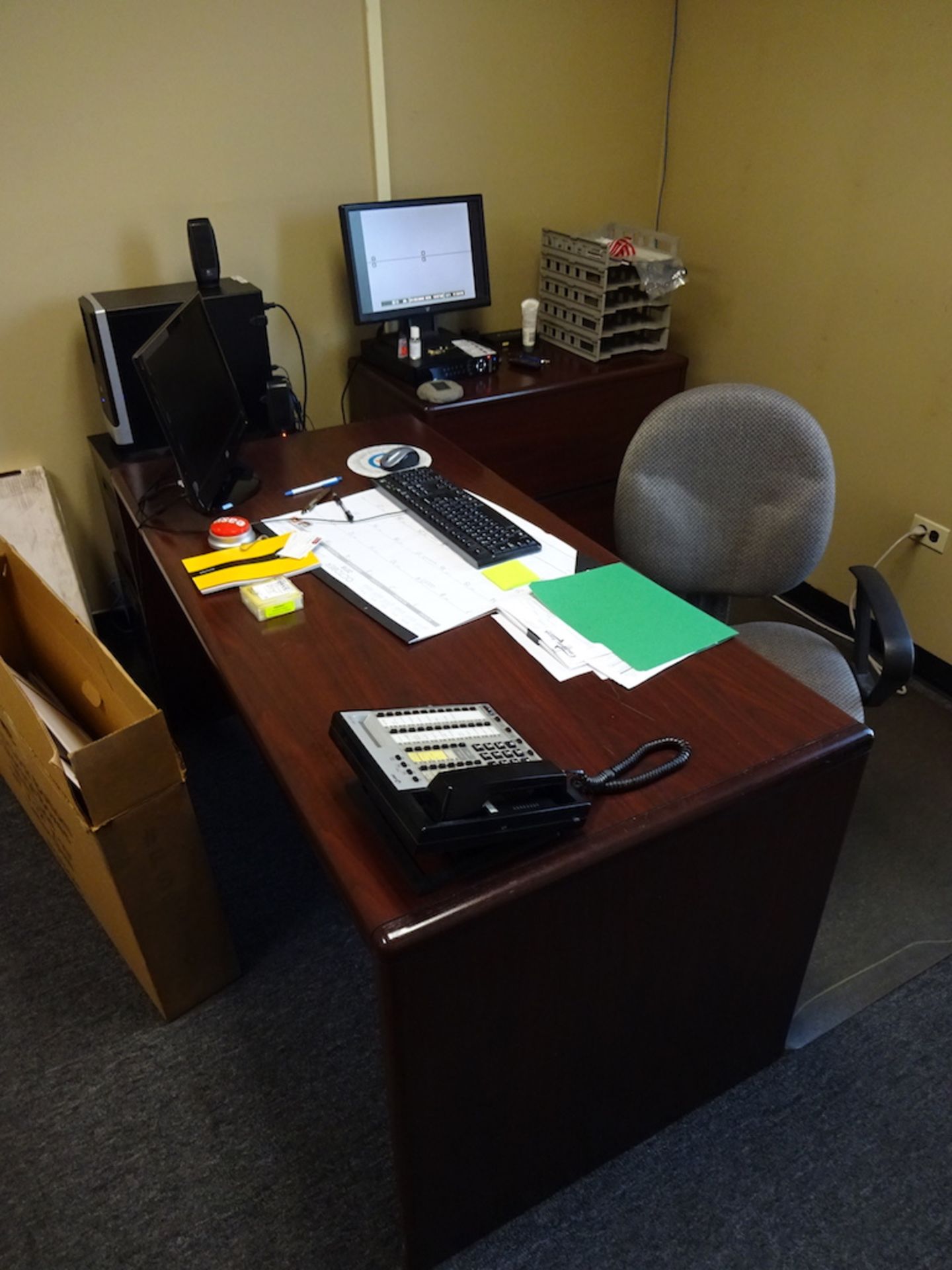 LOT: Office Furniture in Area including (2) Wood Desks, Wood File Cabinet, (2) Assorted Chairs, Coat - Image 2 of 2