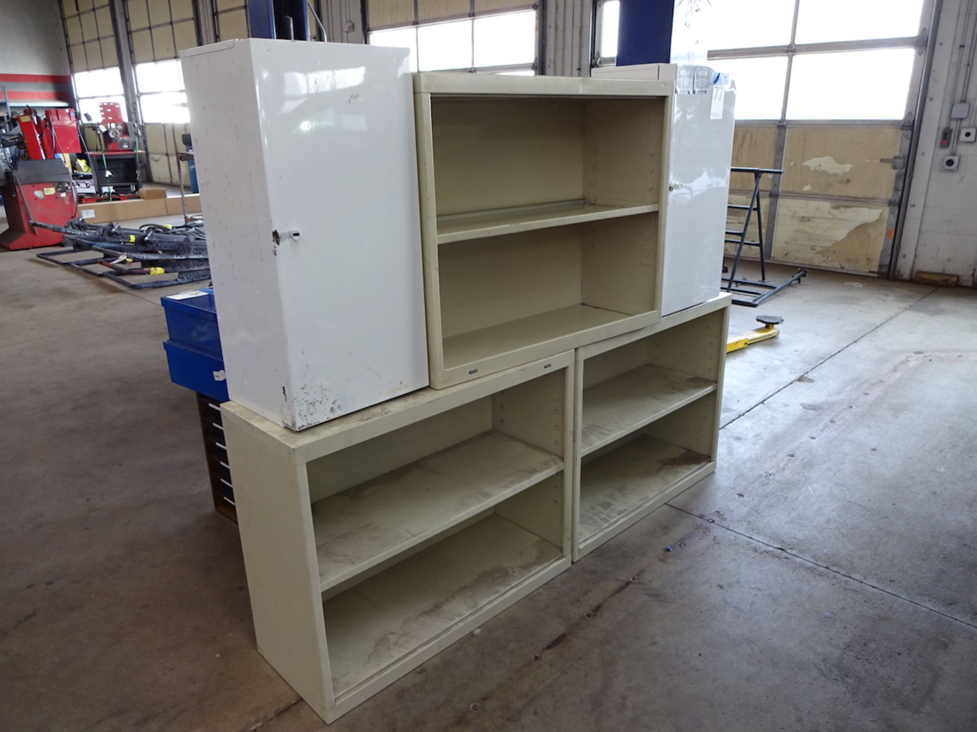 LOT: (3) STEEL SHELVES & (2) STEEL STORAGE CABINETS