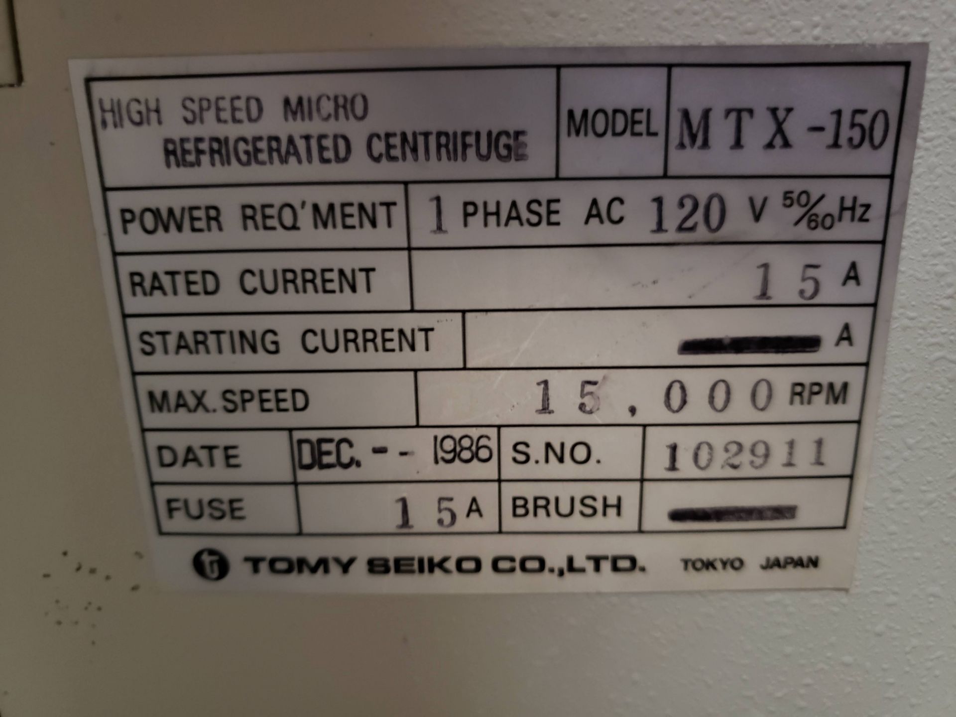 1 TOMY HIGH SPEED MICRO REFRIGERATED CENTRIFUGE MTA150 - Image 2 of 2