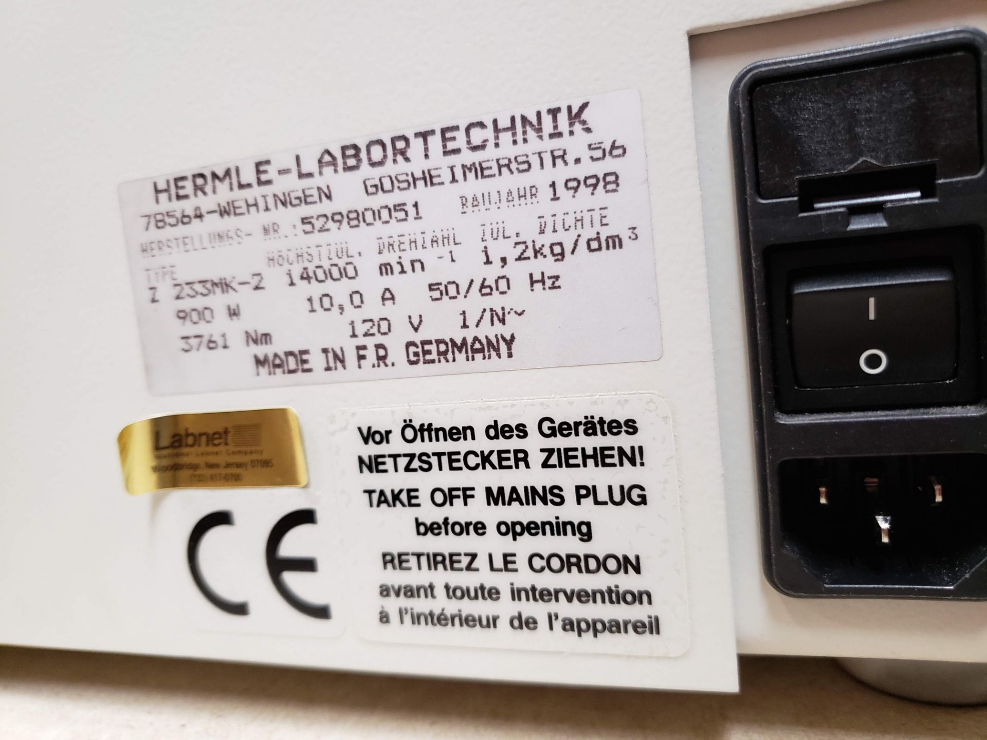 1 HERMLE Z223 LAB NET CENTRIFUGE - Image 2 of 3