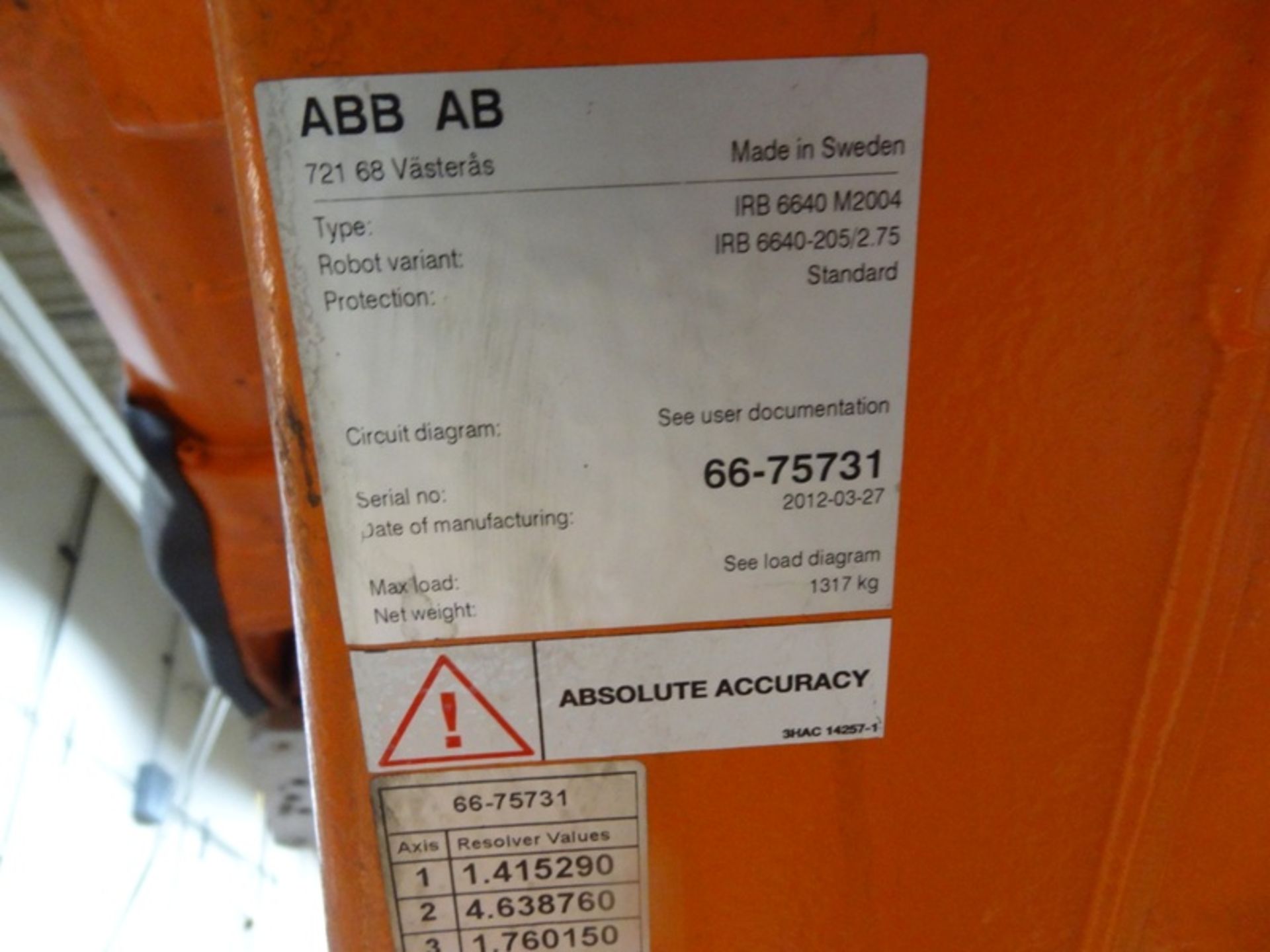 ABB ROBOT IRB 6640-205/2.75 WITH IRC 5 CONTROLS, CABLES & TEACH, YEAR 2012, SM 66-75731, LOCATION MI - Image 2 of 3