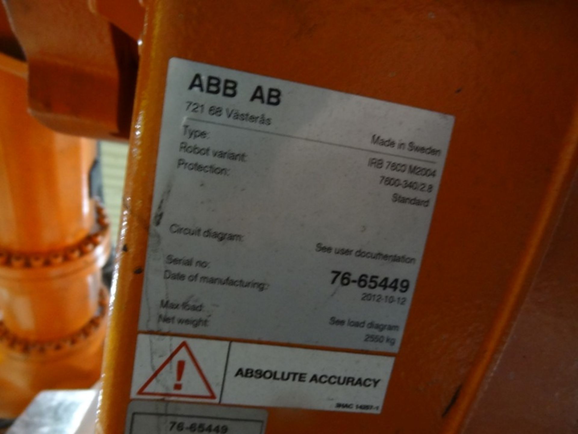 ABB ROBOT IRB 7600-340/2.8 WITH IRC 5 CONTROLS, CABLES & TEACH, YEAR 2012, SM 76-65449, LOCATION MI - Image 2 of 3