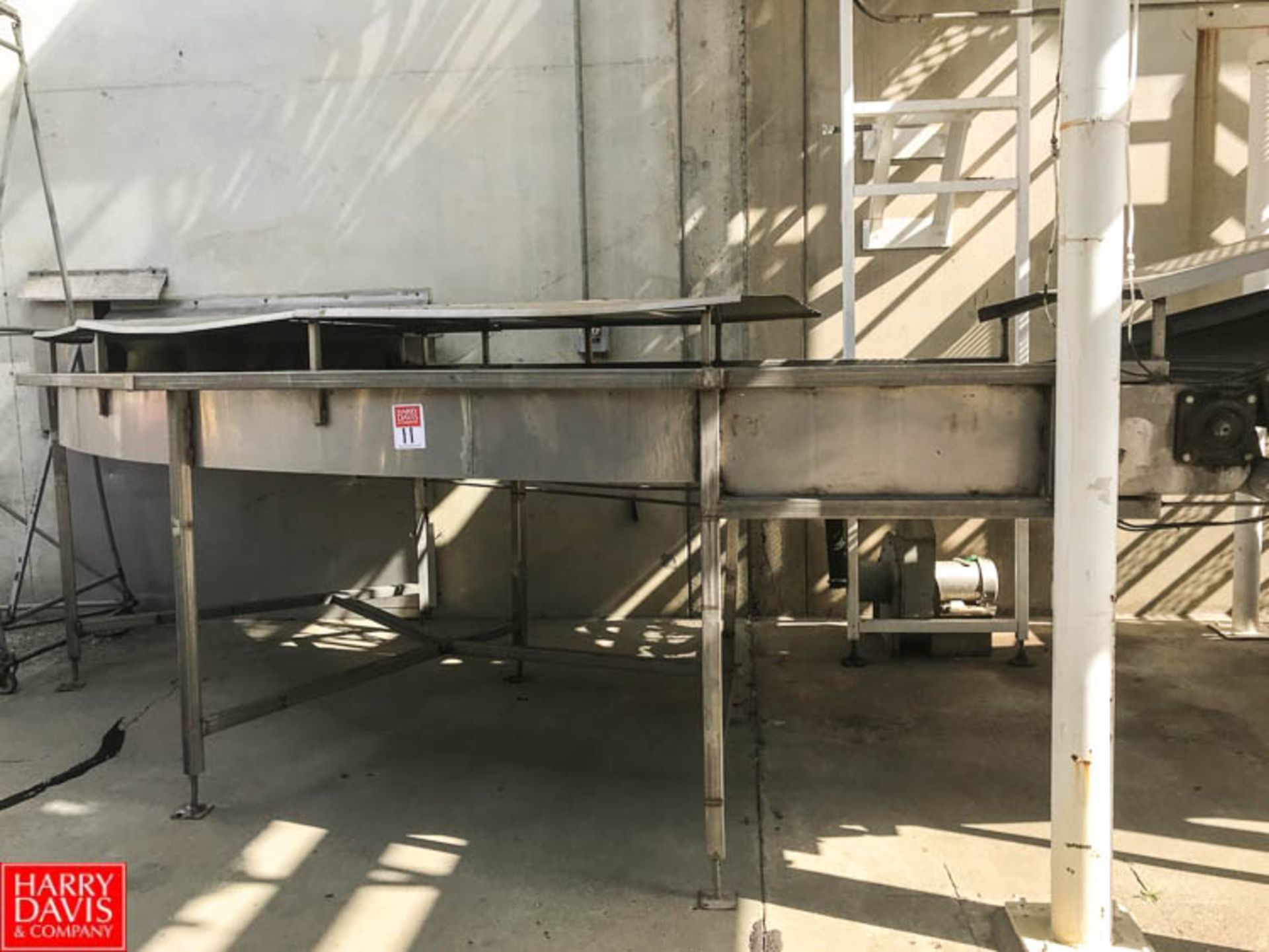 50'+ S/S Frame Inclined Product Conveyor with 60" Wide Interlox Belt, 90° Turn and Air Blow Off