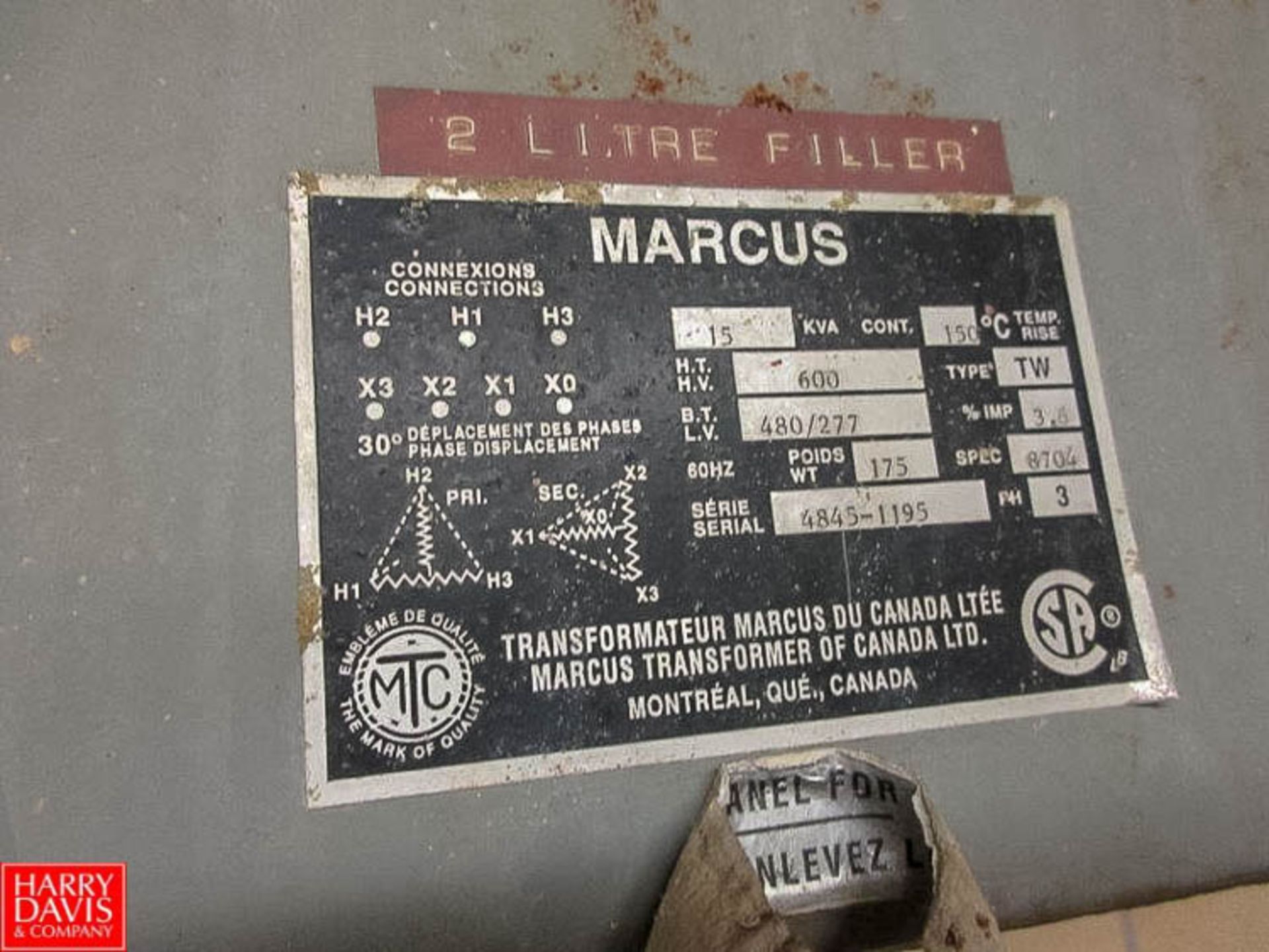 Marcus Electrical Transformer 15 KVA, 600 Volts Rigging Fee: 53.7 - Image 2 of 2