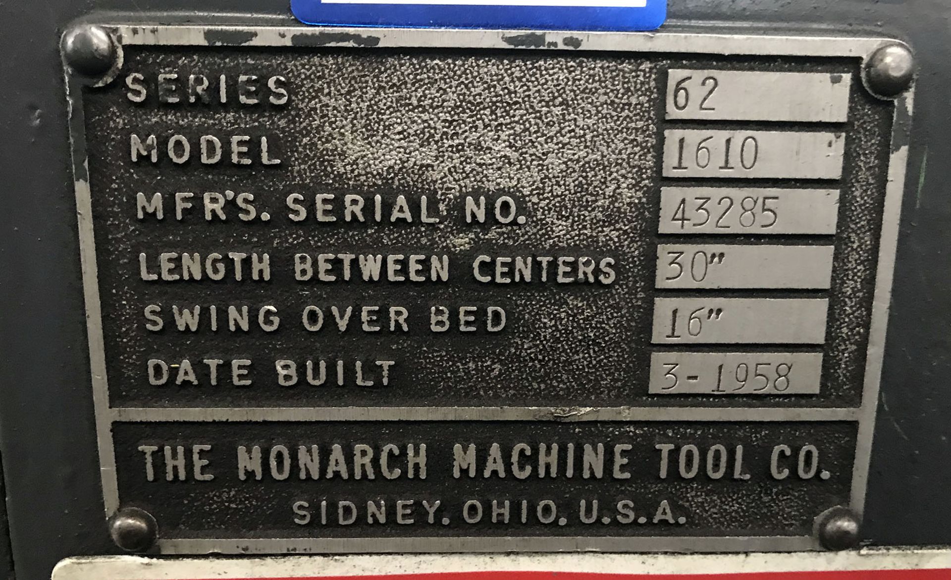 16" x 30" Monarch Series 62 Model 1610 Engine Lathe - Image 10 of 11