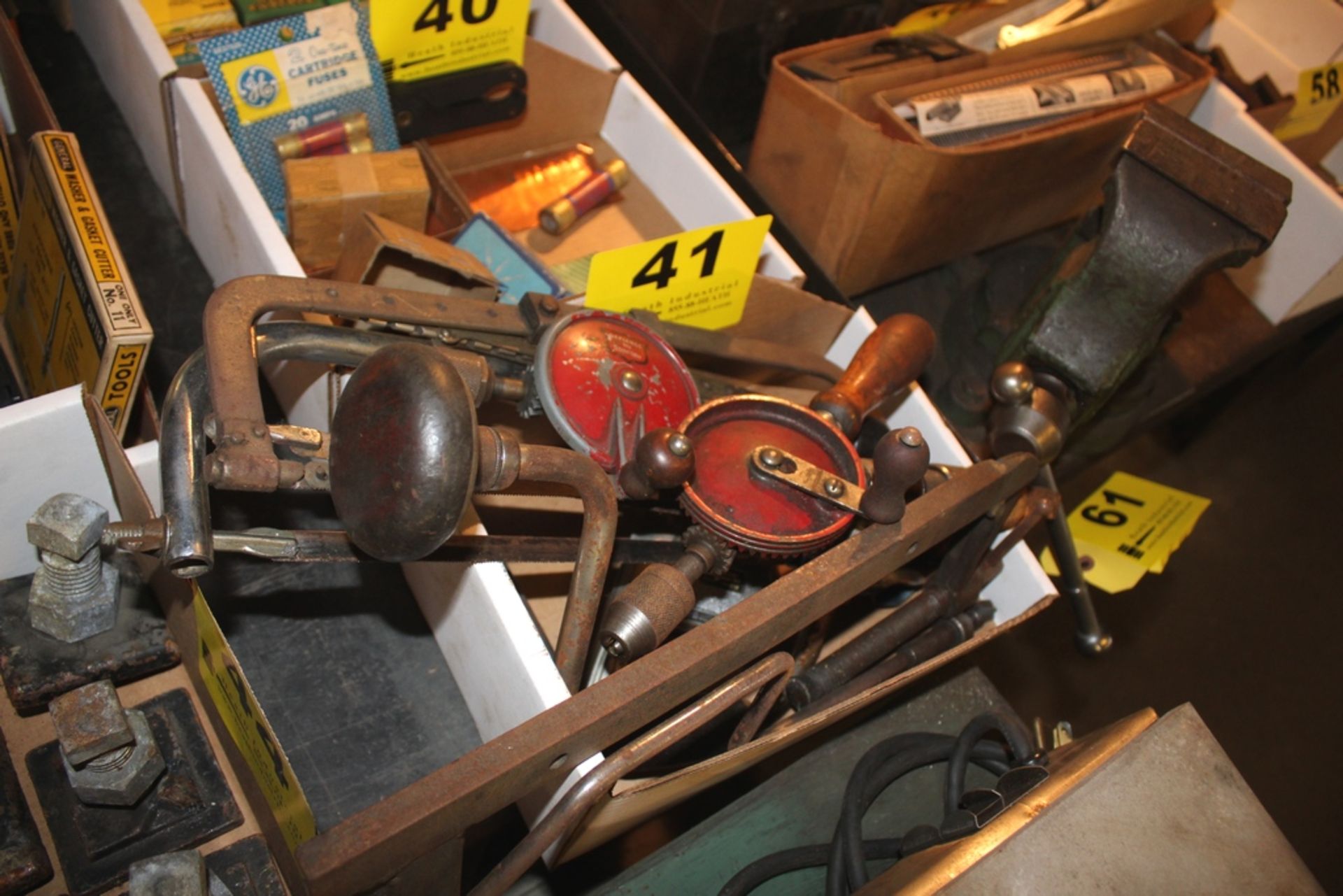 (2) VINTAGE HAND DRILLS & ASSORTED HAND TOOLS IN BOX