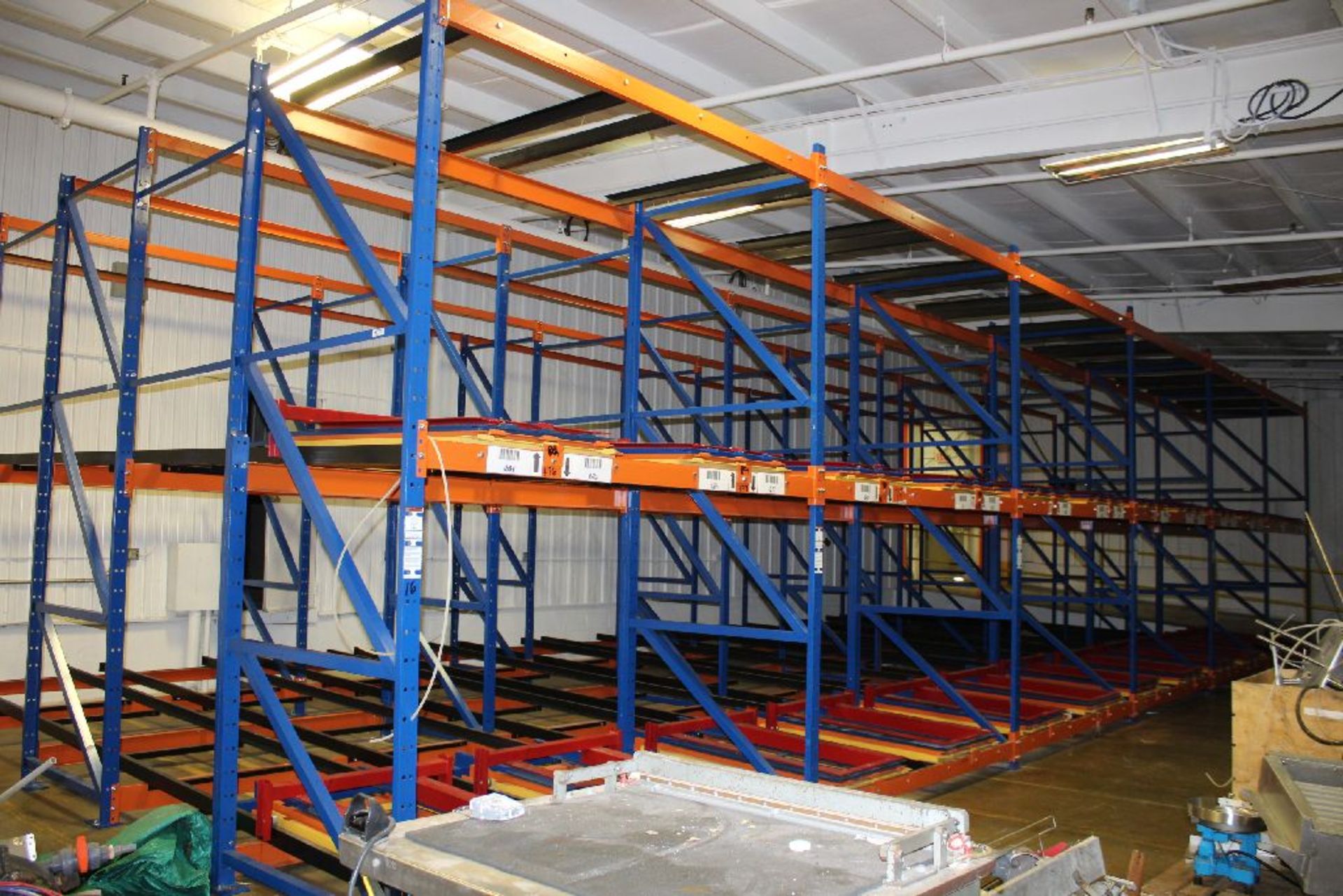 PUSHBACK PALLET RACKING SYSTEM WITH (21) 12' X 54" UPRIGHTS, (108) 8' CROSTAINLESS