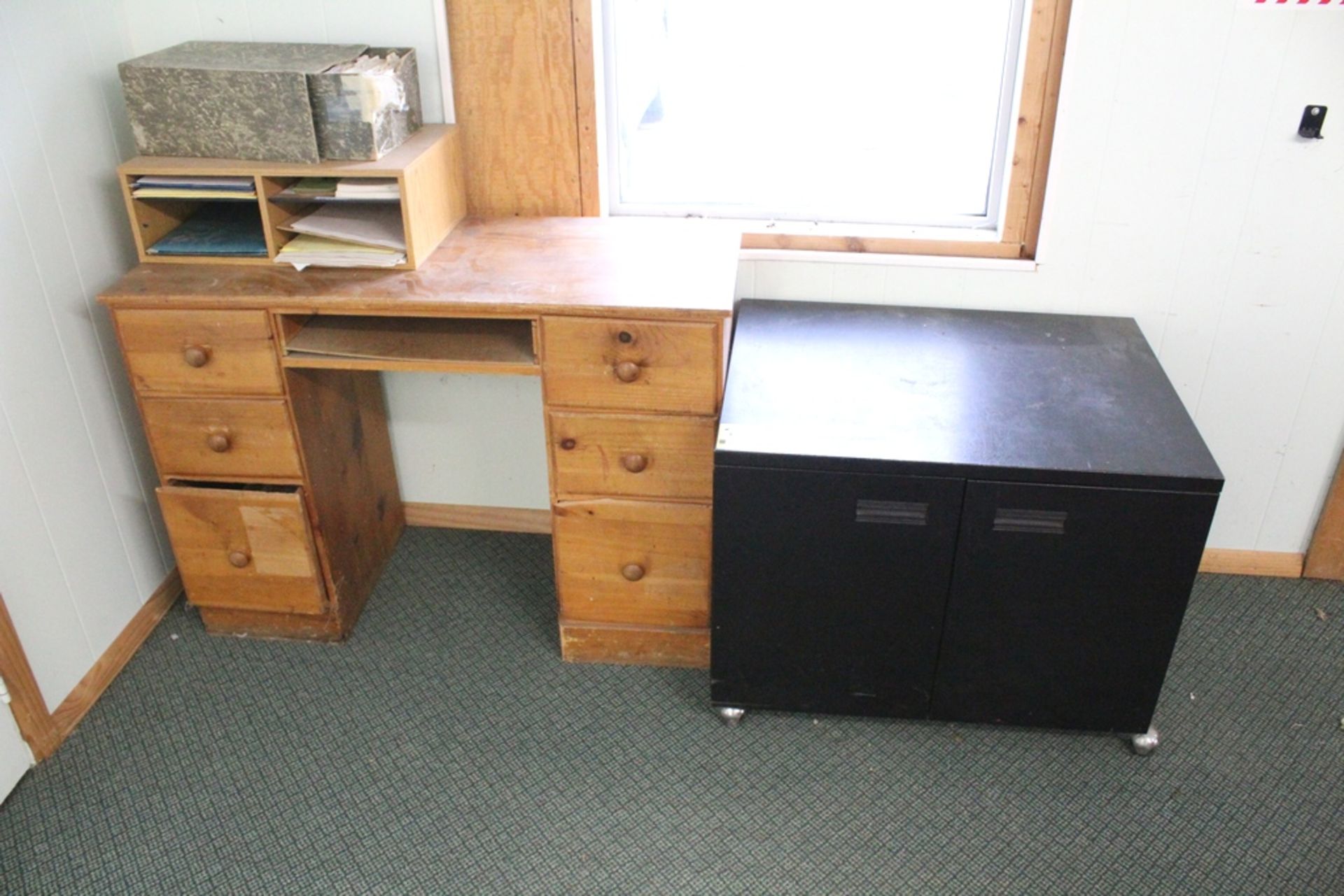 WOOD DESK, TWO DOOR STEEL SUPPLY CABINET